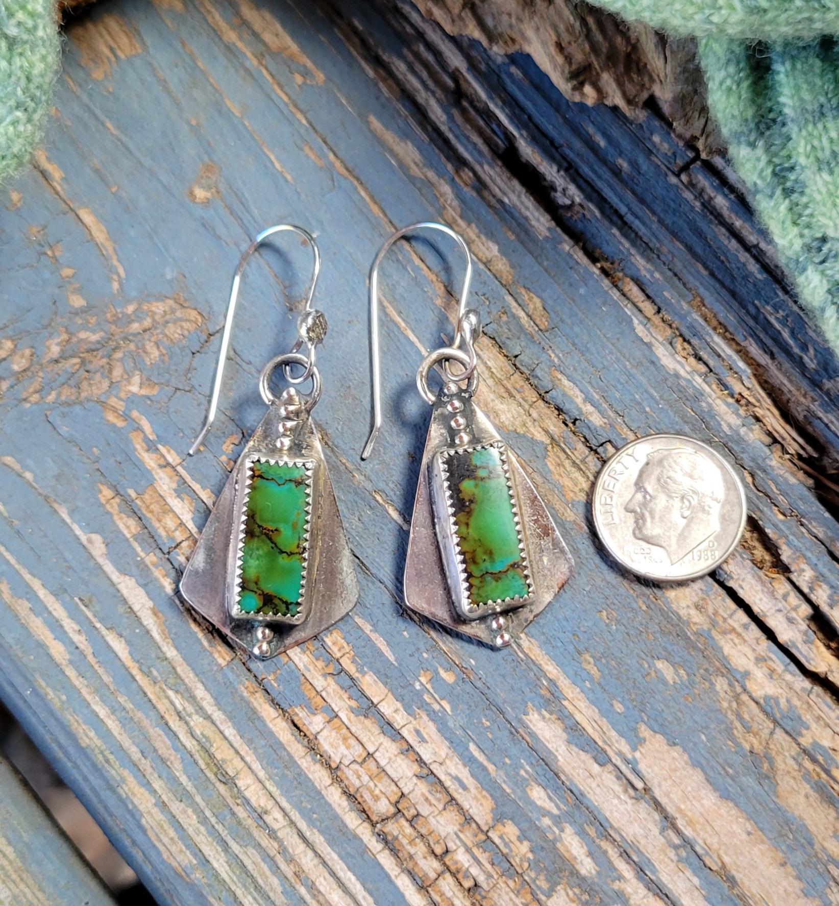 Green Turquoise Dangle Earrings - handmade, sterling silver, hubei quingu, handmade, modern, edgy, dotted, lightweight, beautiful gift