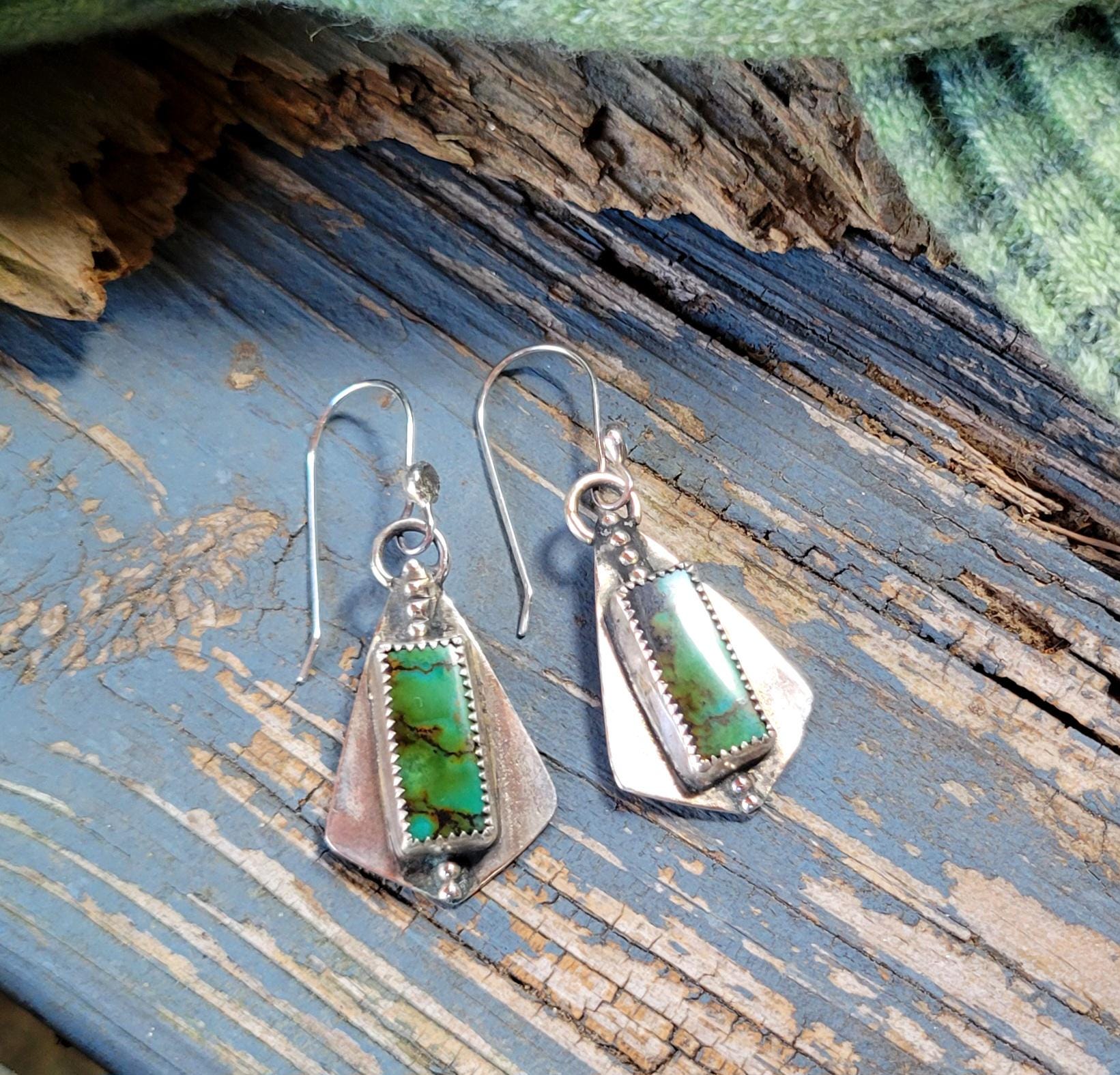 Green Turquoise Dangle Earrings - handmade, sterling silver, hubei quingu, handmade, modern, edgy, dotted, lightweight, beautiful gift