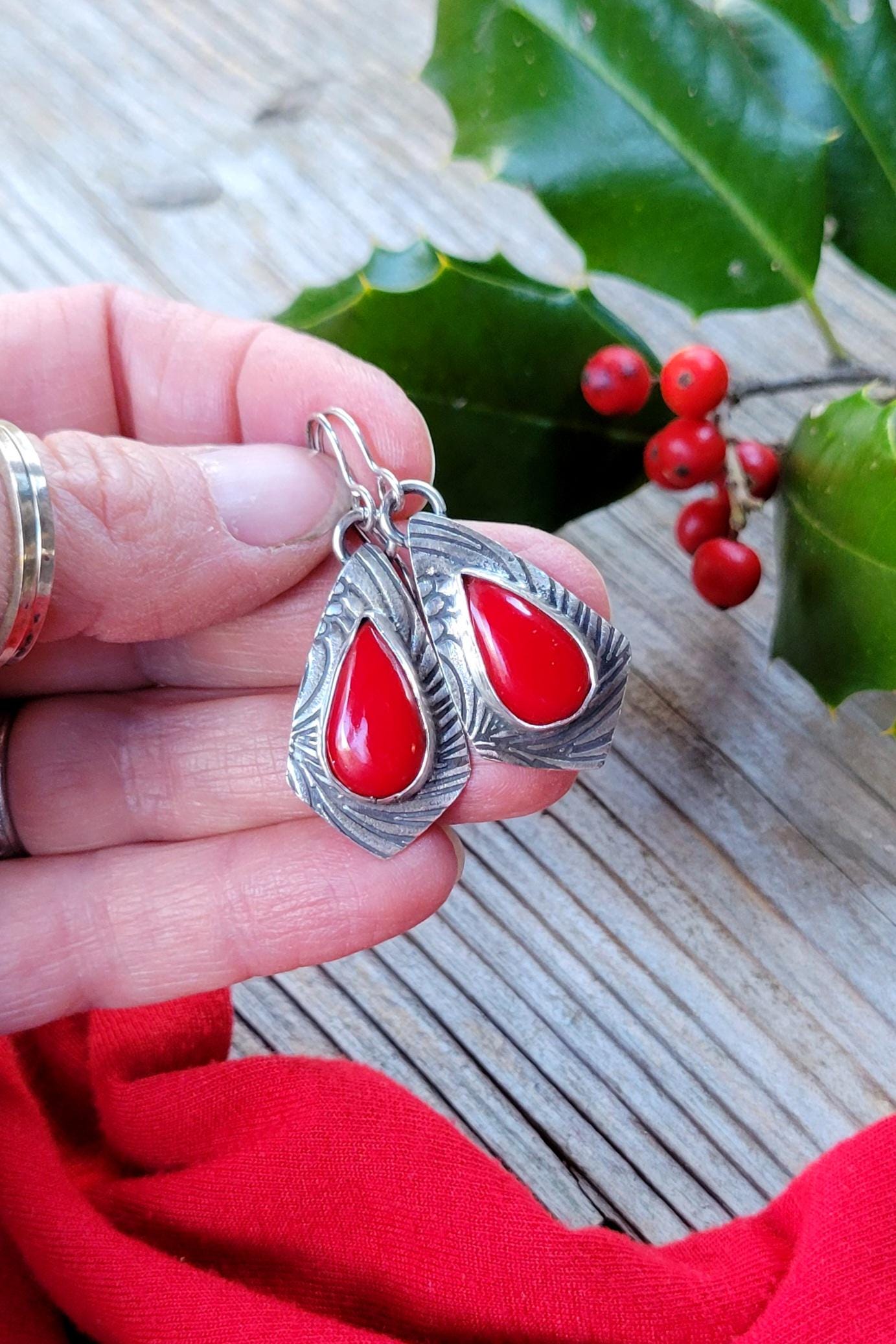 Rosarita Red Silver Earrings - handmade, sterling, open back, pattern, festive, Christmas, holly berry red, extremely light, beautiful gift