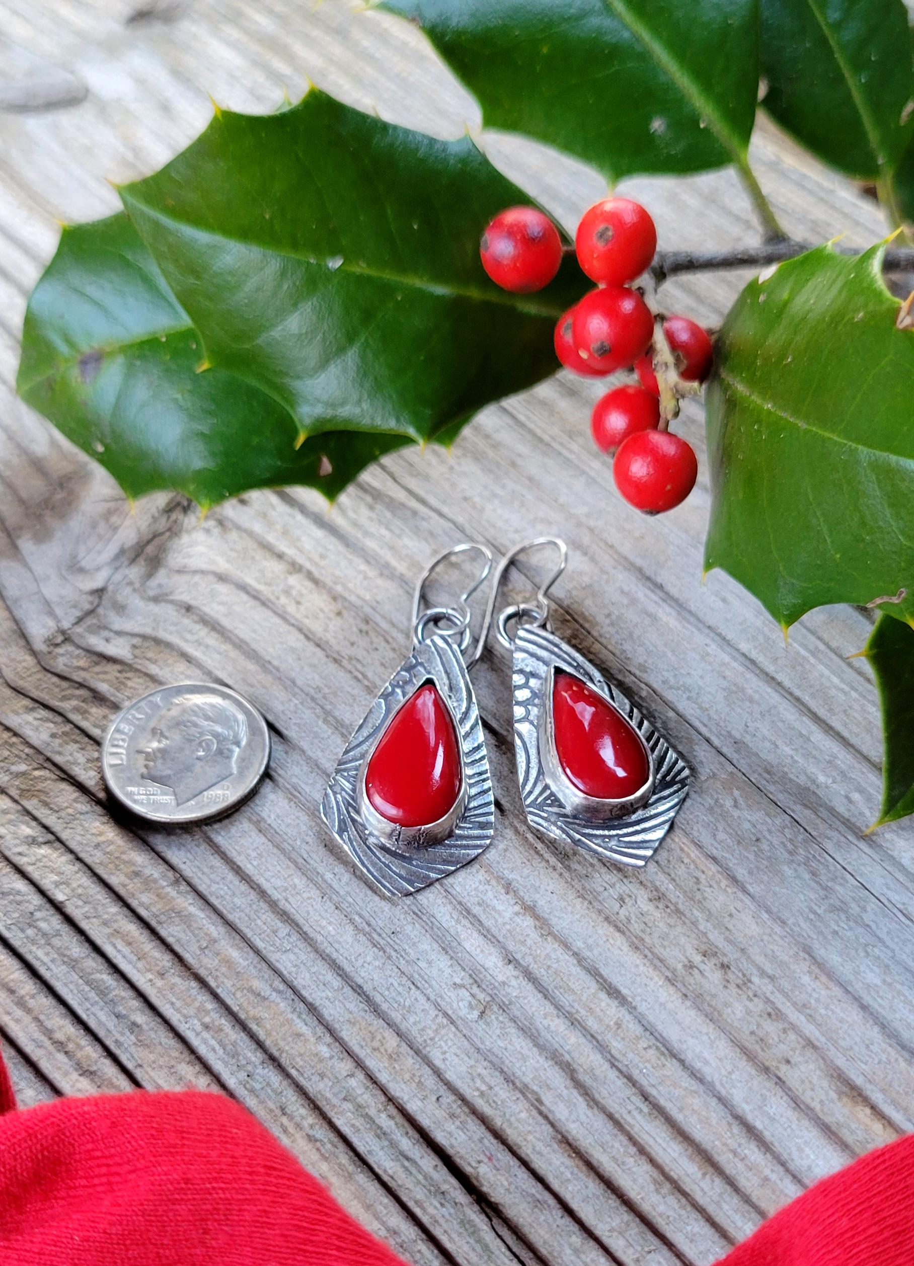 Rosarita Red Silver Earrings - handmade, sterling, open back, pattern, festive, Christmas, holly berry red, extremely light, beautiful gift