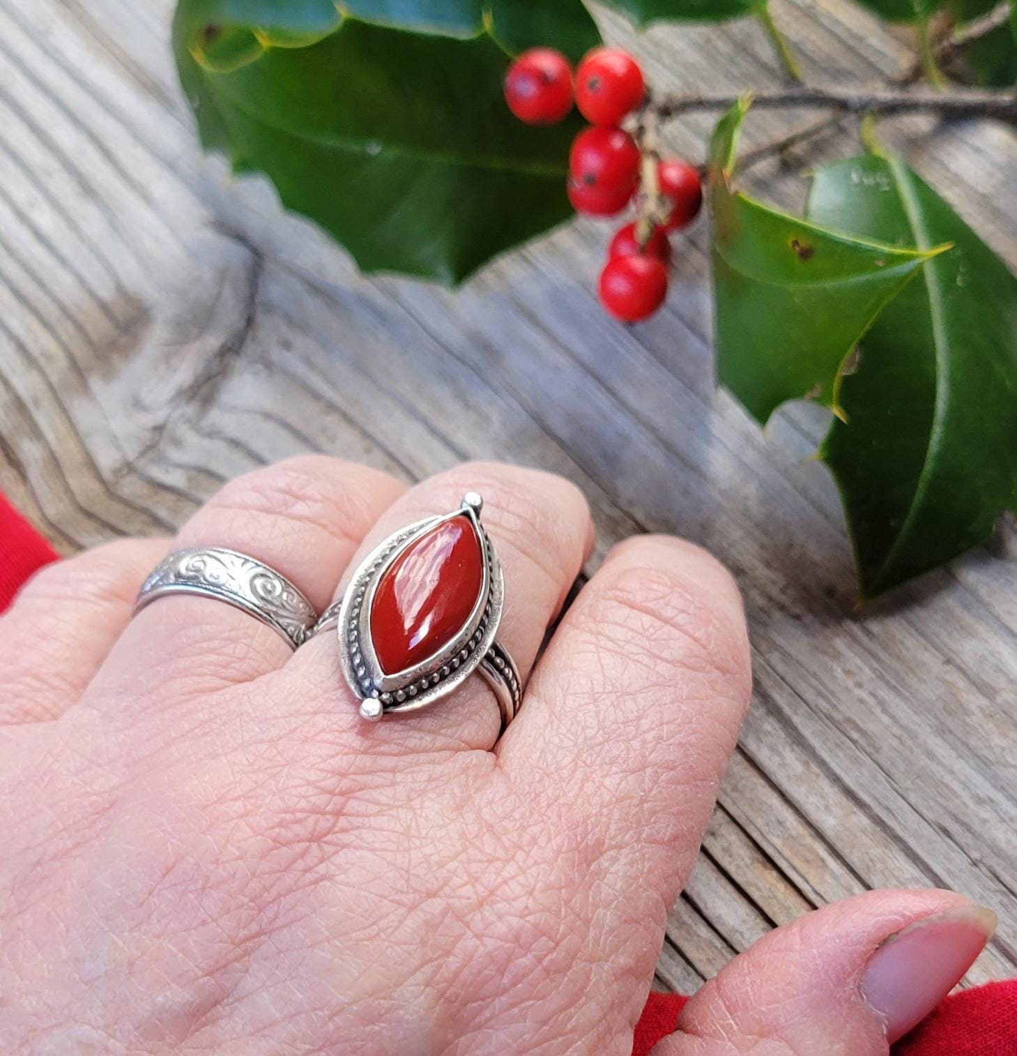 Rosarita Red Silver Ring - handmade, sterling silver, marquise cut, beautiful gift, Size 7.5 USA