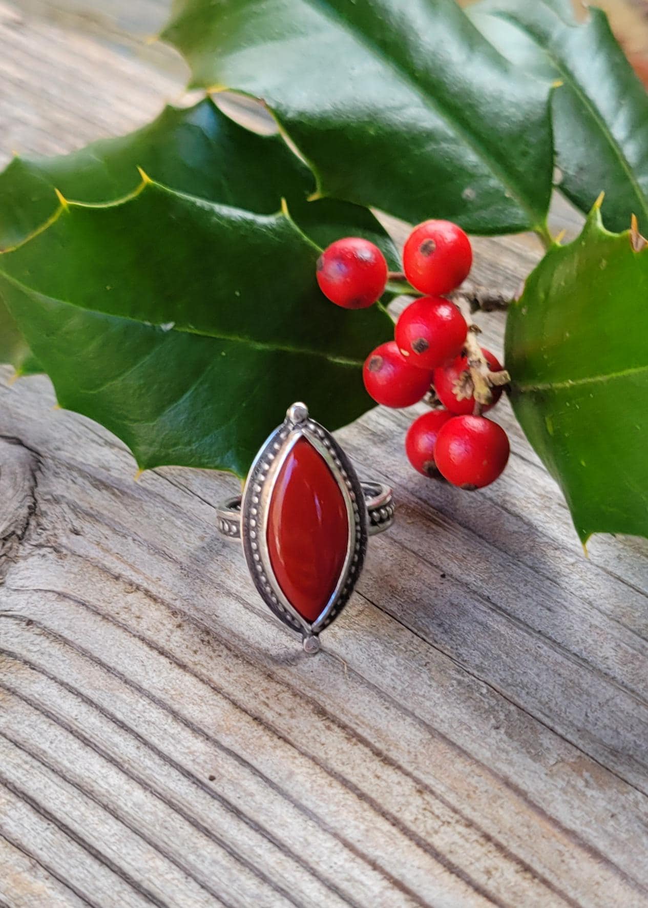 Rosarita Red Silver Ring - handmade, sterling silver, marquise cut, beautiful gift, Size 7.5 USA