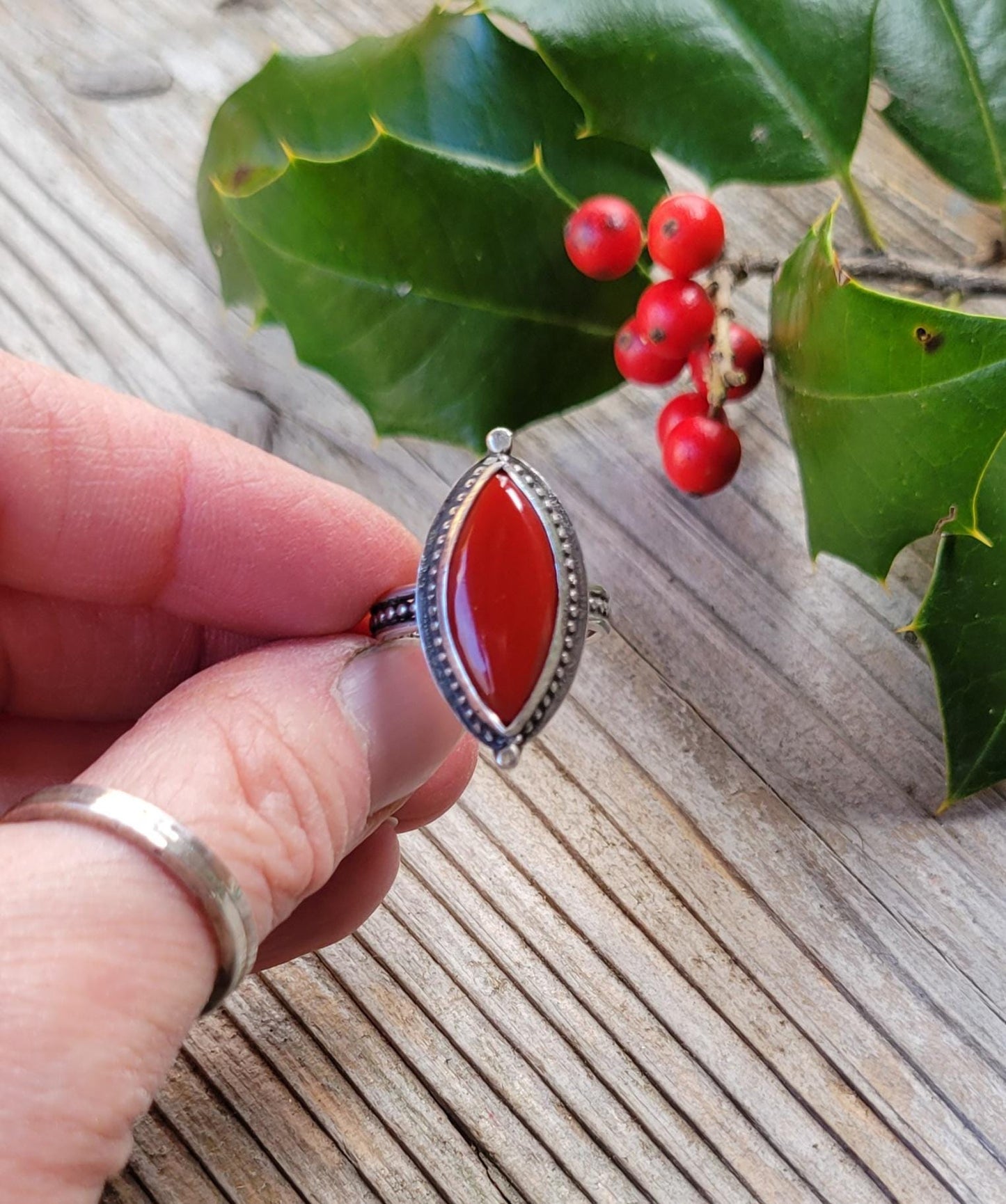 Rosarita Red Silver Ring - handmade, sterling silver, marquise cut, beautiful gift, Size 7.5 USA