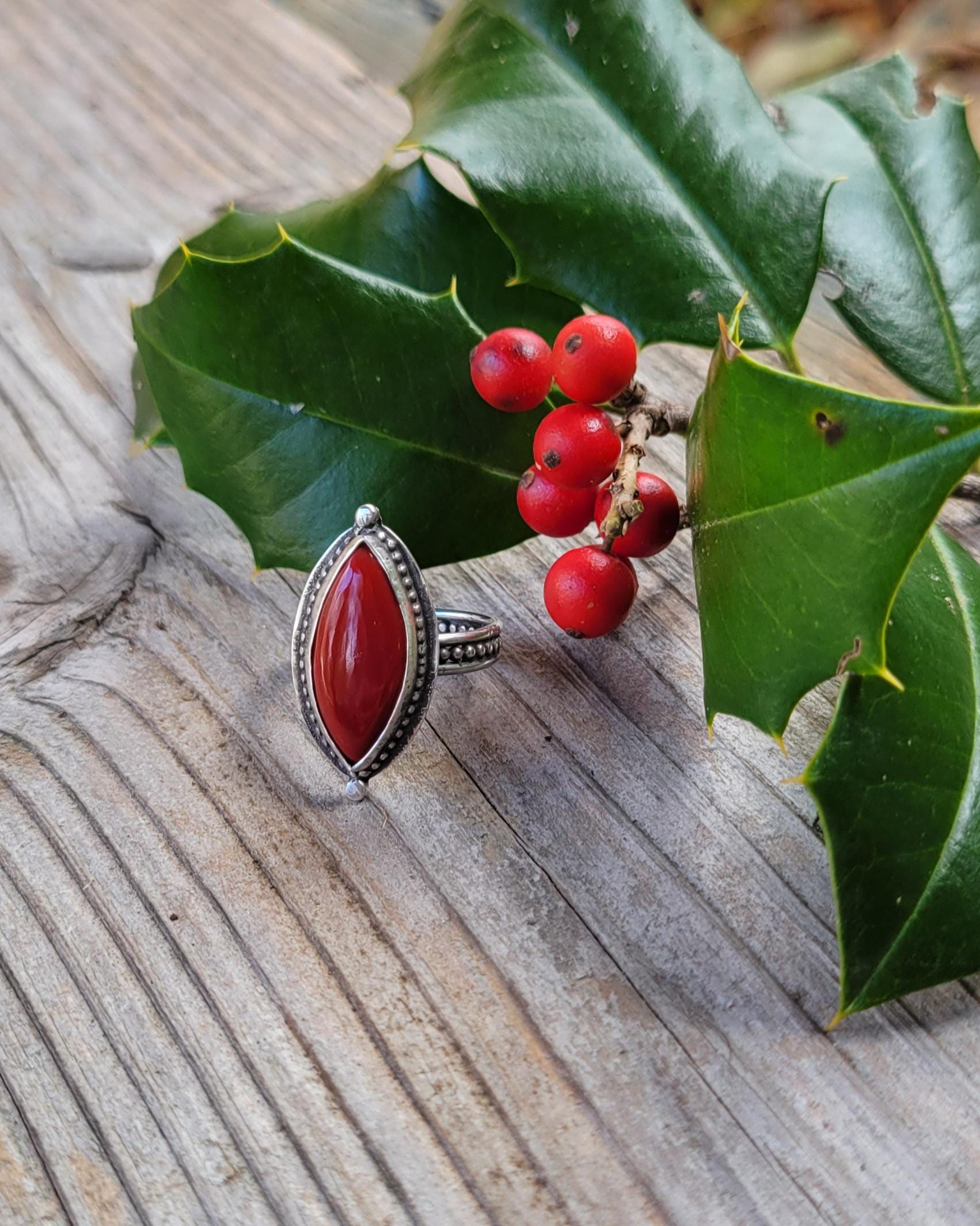 Rosarita Red Silver Ring - handmade, sterling silver, marquise cut, beautiful gift, Size 7.5 USA