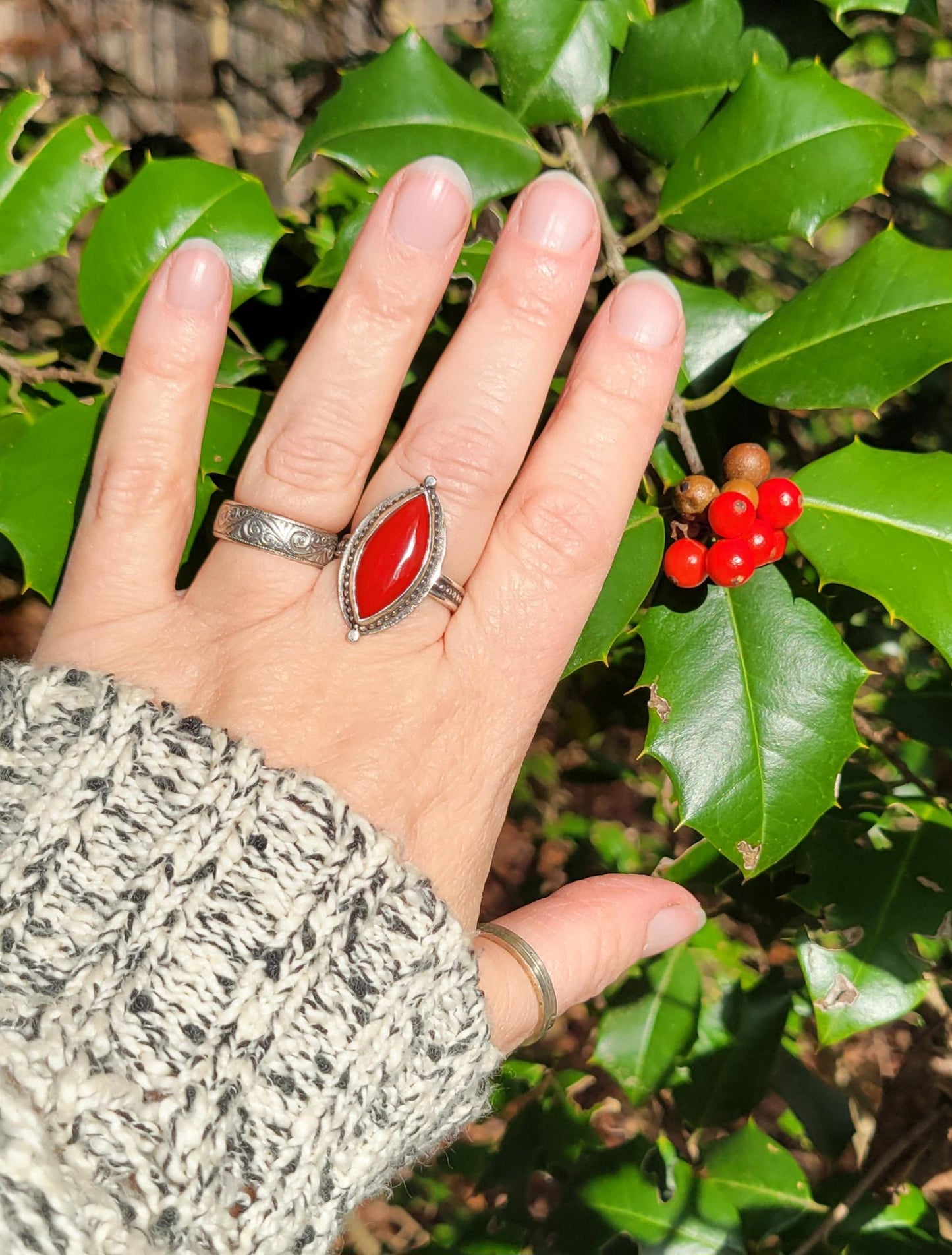 Rosarita Red Silver Ring - handmade, sterling silver, marquise cut, beautiful gift, Size 7.5 USA