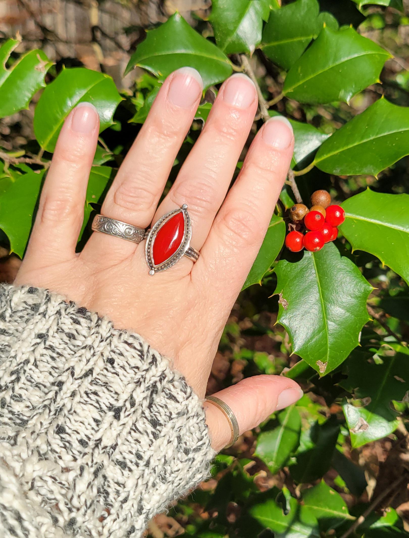 Rosarita Red Silver Ring - handmade, sterling silver, marquise cut, beautiful gift, Size 7.5 USA