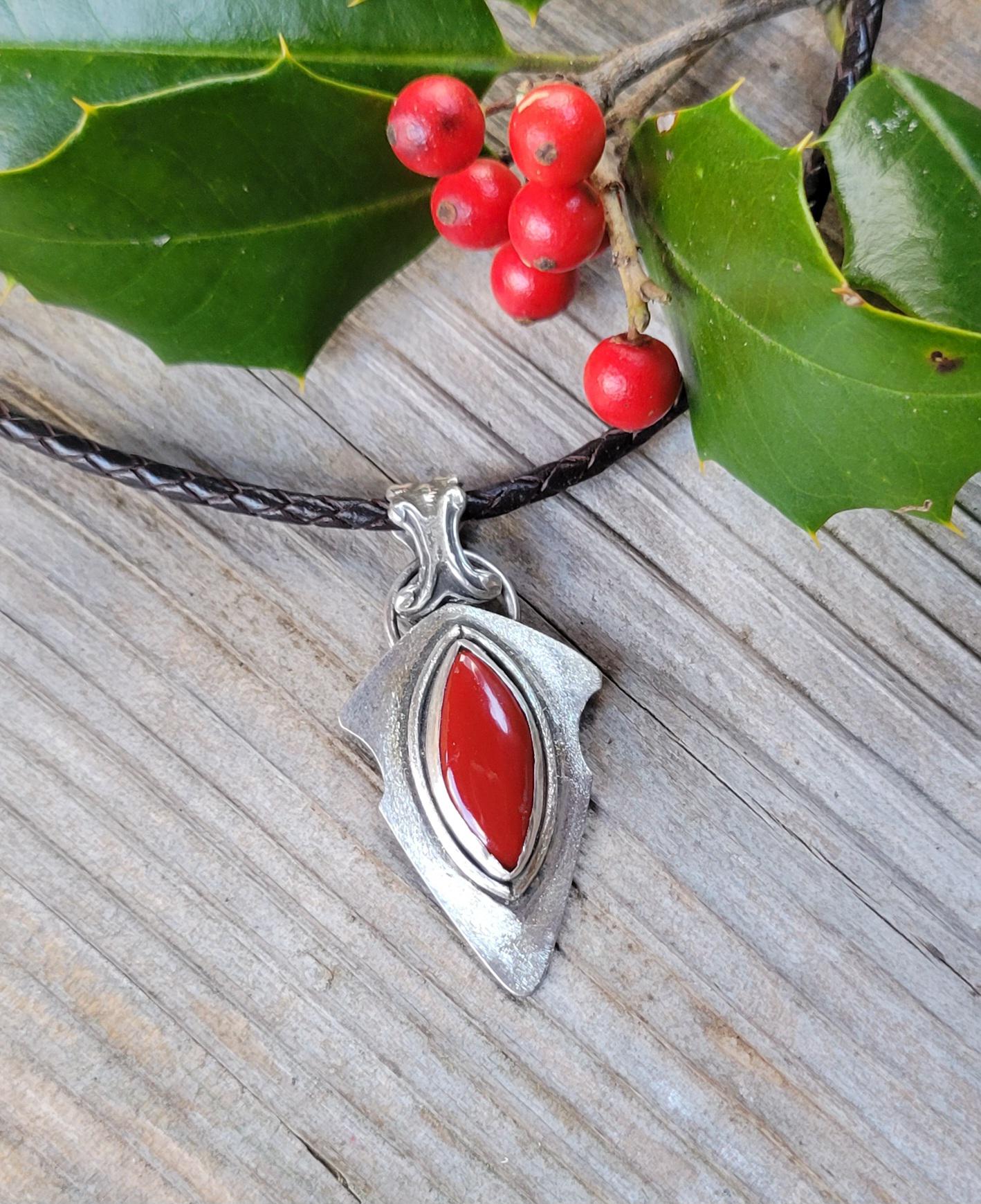 Rosarita Red Arrowhead Pendant Leather Necklace - handmade, sterling silver pendant, open back, black leather, silver clasp, beautiful gift