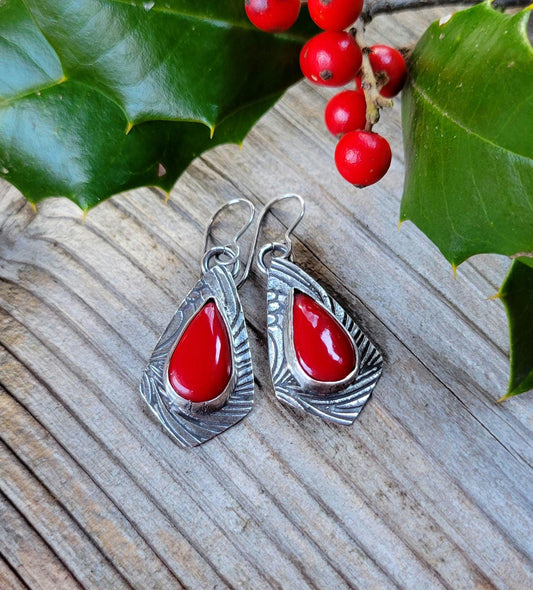 Rosarita Red Silver Earrings - handmade, sterling, open back, pattern, festive, Christmas, holly berry red, extremely light, beautiful gift