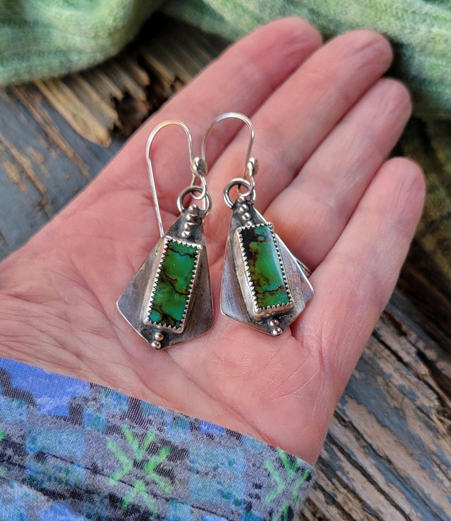 Green Turquoise Dangle Earrings - handmade, sterling silver, hubei quingu, handmade, modern, edgy, dotted, lightweight, beautiful gift