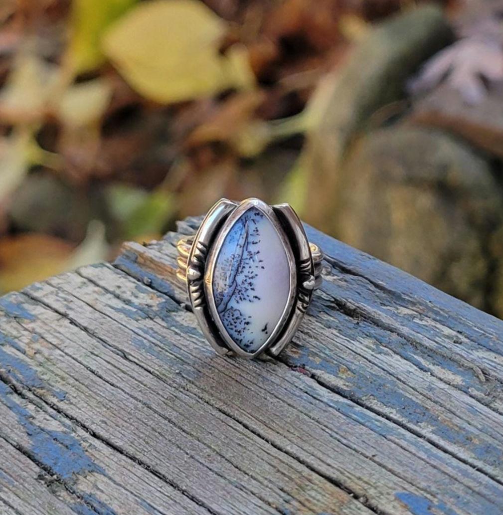 Dendritic Agate Sterling Silver Ring - handmade, scenic stone, snow, winter, gray, white, modern but classic, beautiful gift, Size 7 USA