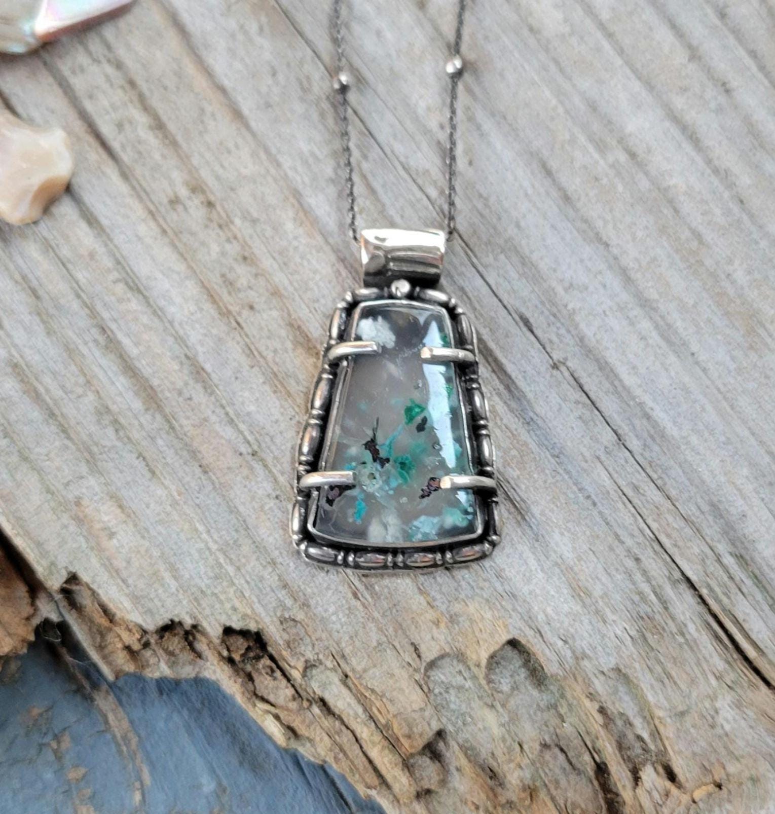 Sugarwater Snowflake Agate Pendant Necklace - sterling silver, handmade, blue, white, speckled, unque lightweight open back, beautiful gift