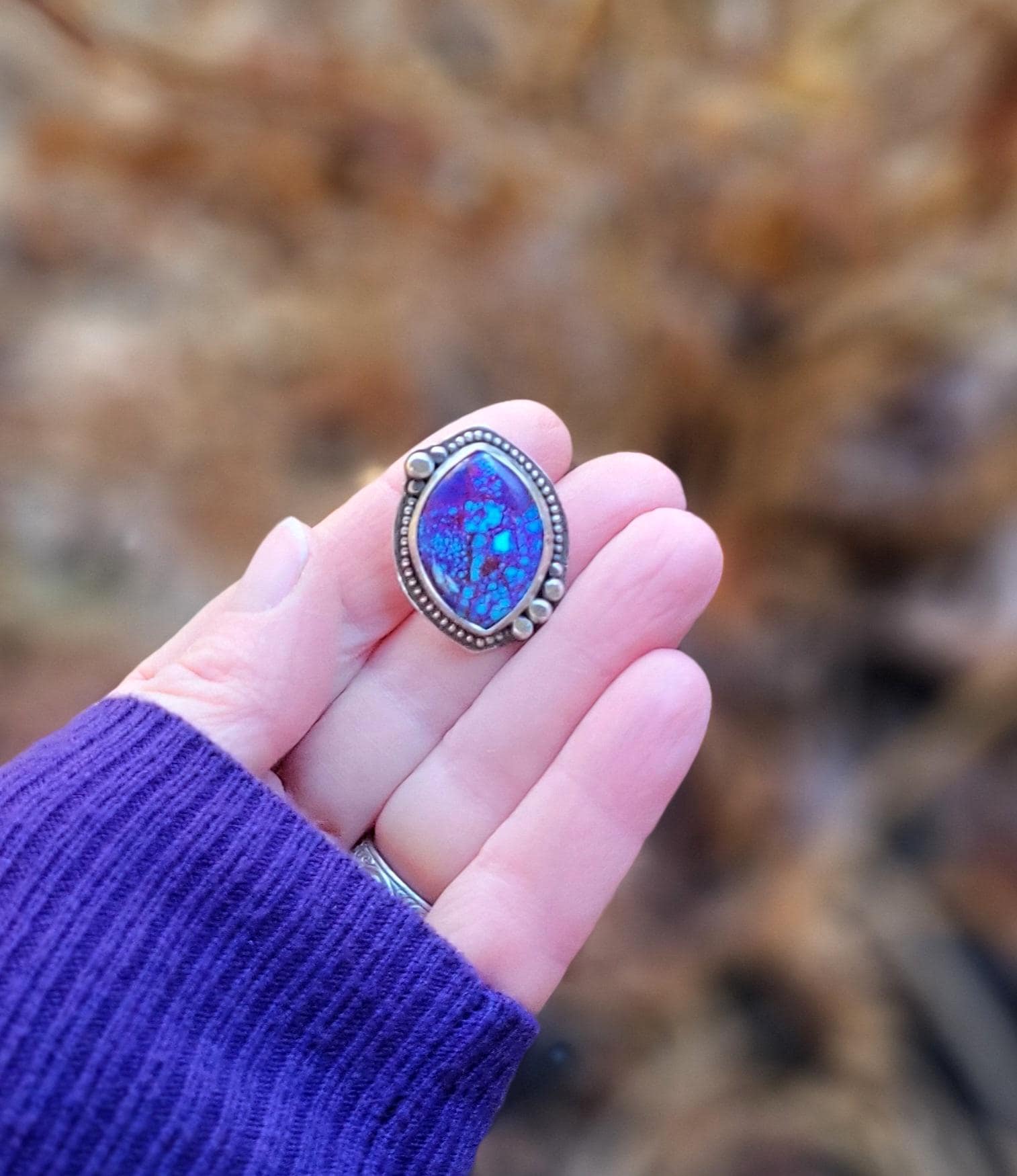 Mohave Turquoise Pony Tail Holder - handmade, hair accessory, sterling silver, purple, blue, Kingman mine, USA, marquise cut, unique gift