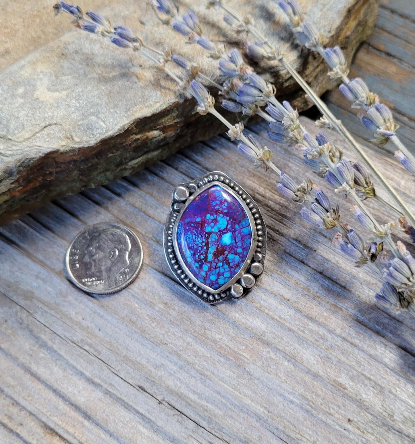 Mohave Turquoise Pony Tail Holder - handmade, hair accessory, sterling silver, purple, blue, Kingman mine, USA, marquise cut, unique gift