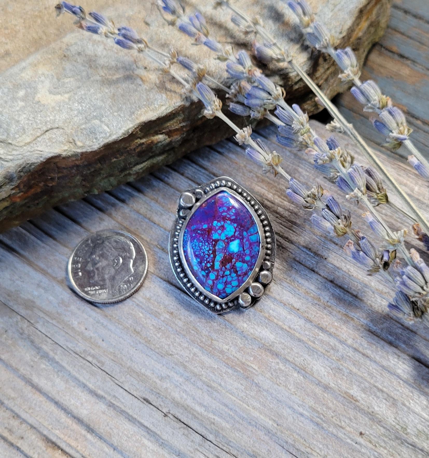 Mohave Turquoise Pony Tail Holder - handmade, hair accessory, sterling silver, purple, blue, Kingman mine, USA, marquise cut, unique gift