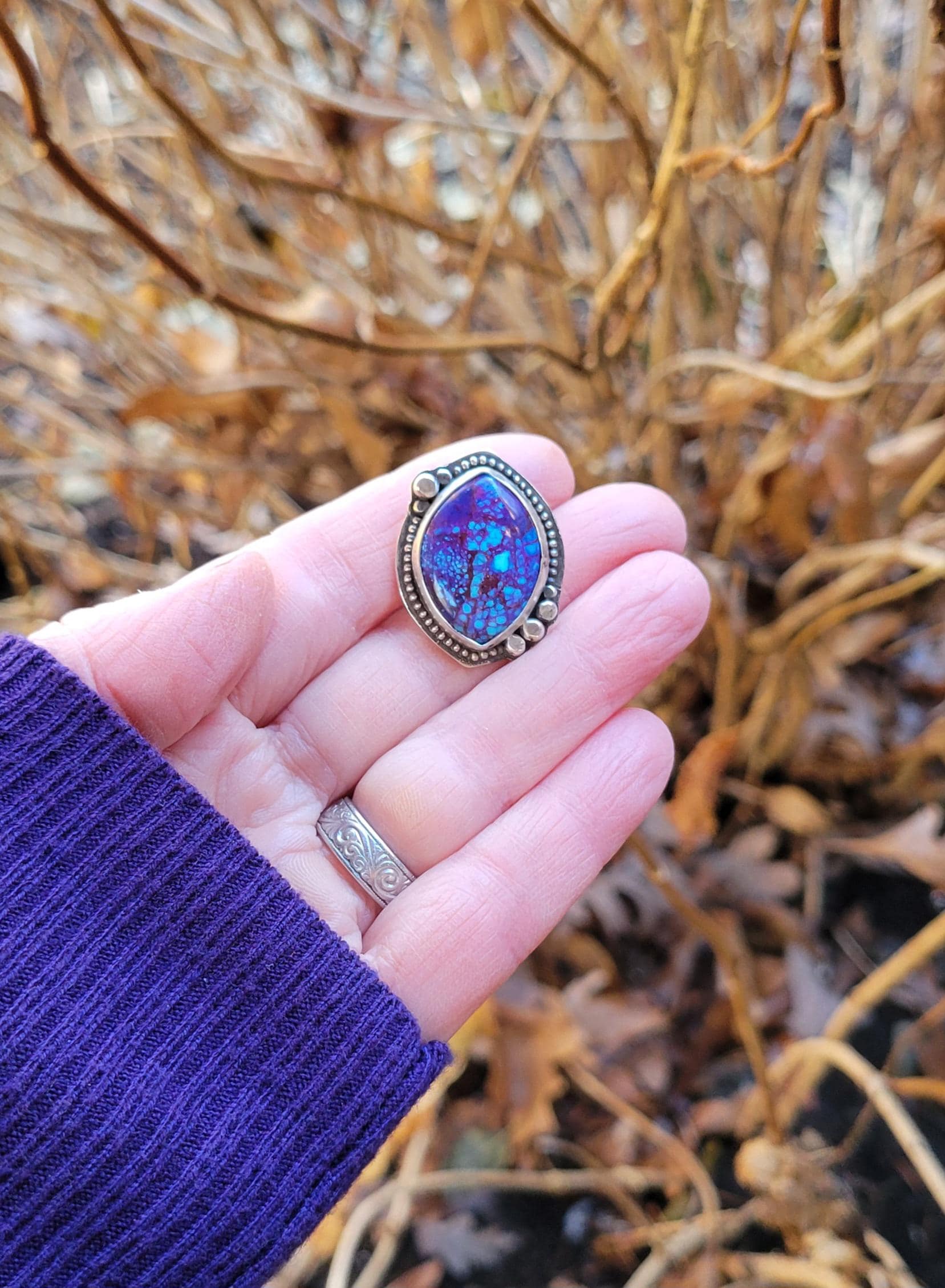 Mohave Turquoise Pony Tail Holder - handmade, hair accessory, sterling silver, purple, blue, Kingman mine, USA, marquise cut, unique gift