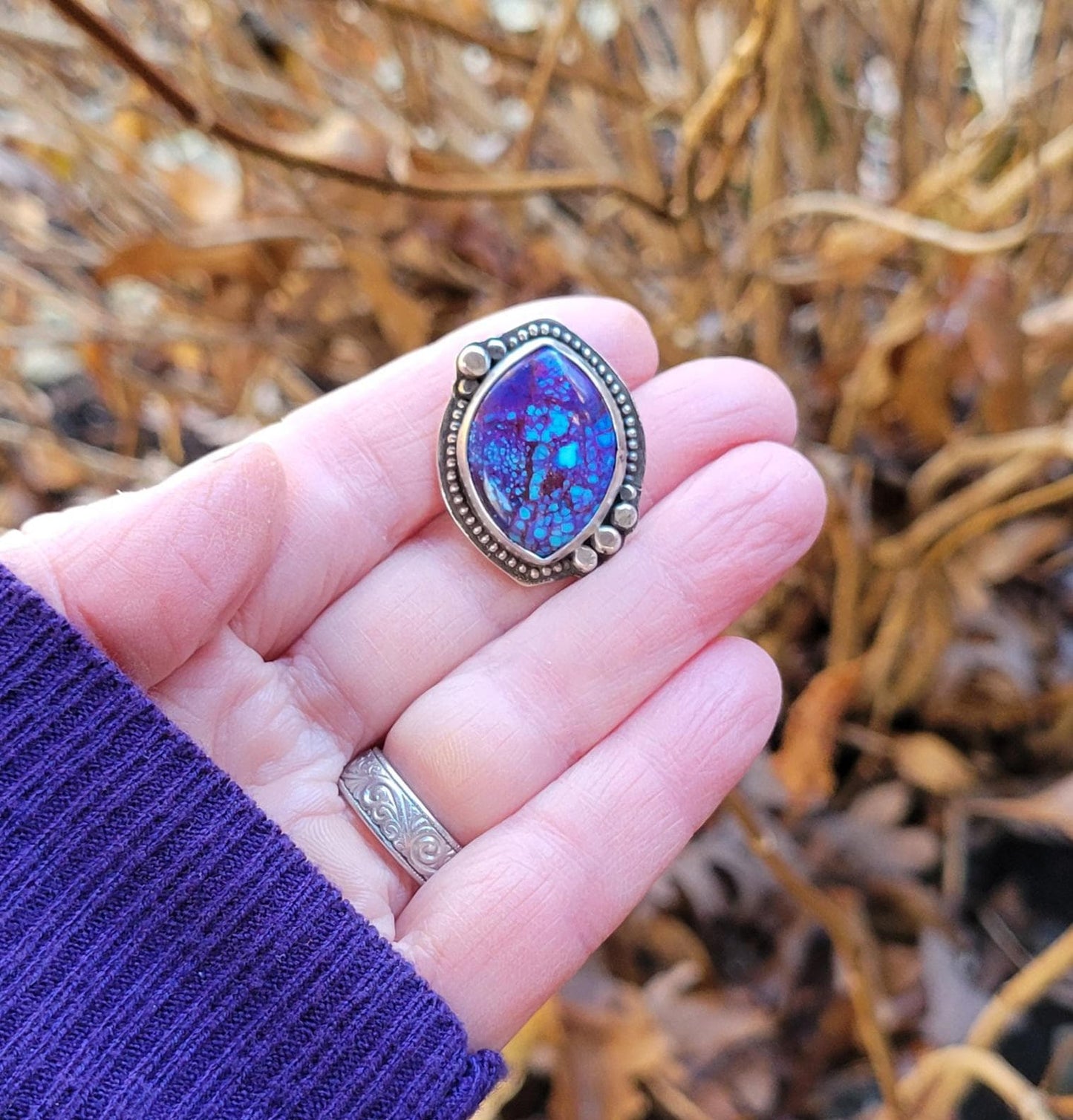 Mohave Turquoise Pony Tail Holder - handmade, hair accessory, sterling silver, purple, blue, Kingman mine, USA, marquise cut, unique gift