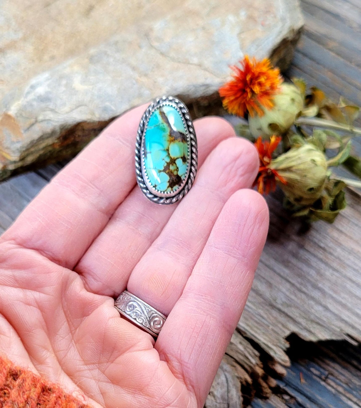 Turquoise Pony Tail Holder - handmade, hair accessory, sterling silver, natural bamboo hubei turquoise, blue, green, oval, unique gift