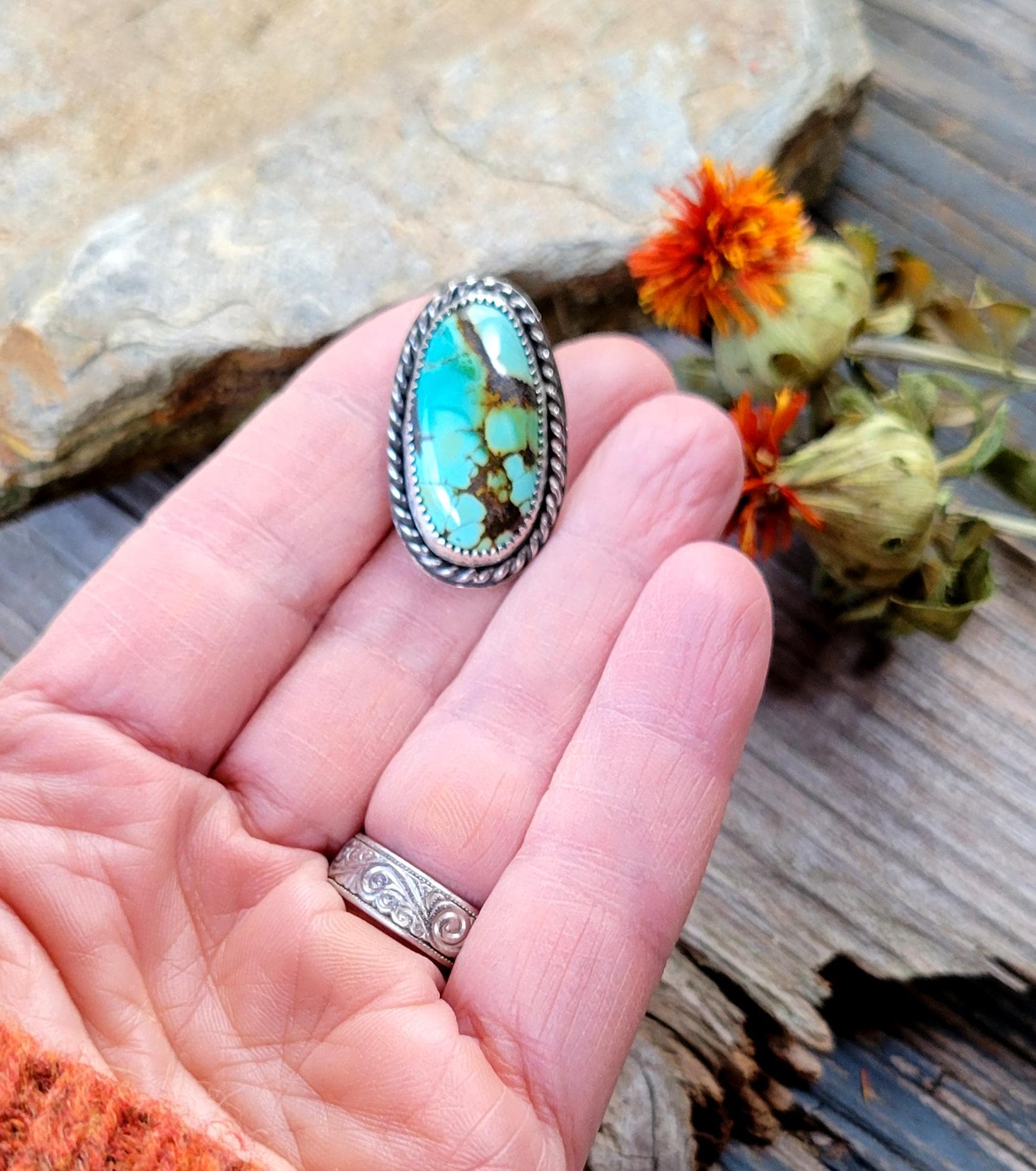 Turquoise Pony Tail Holder - handmade, hair accessory, sterling silver, natural bamboo hubei turquoise, blue, green, oval, unique gift