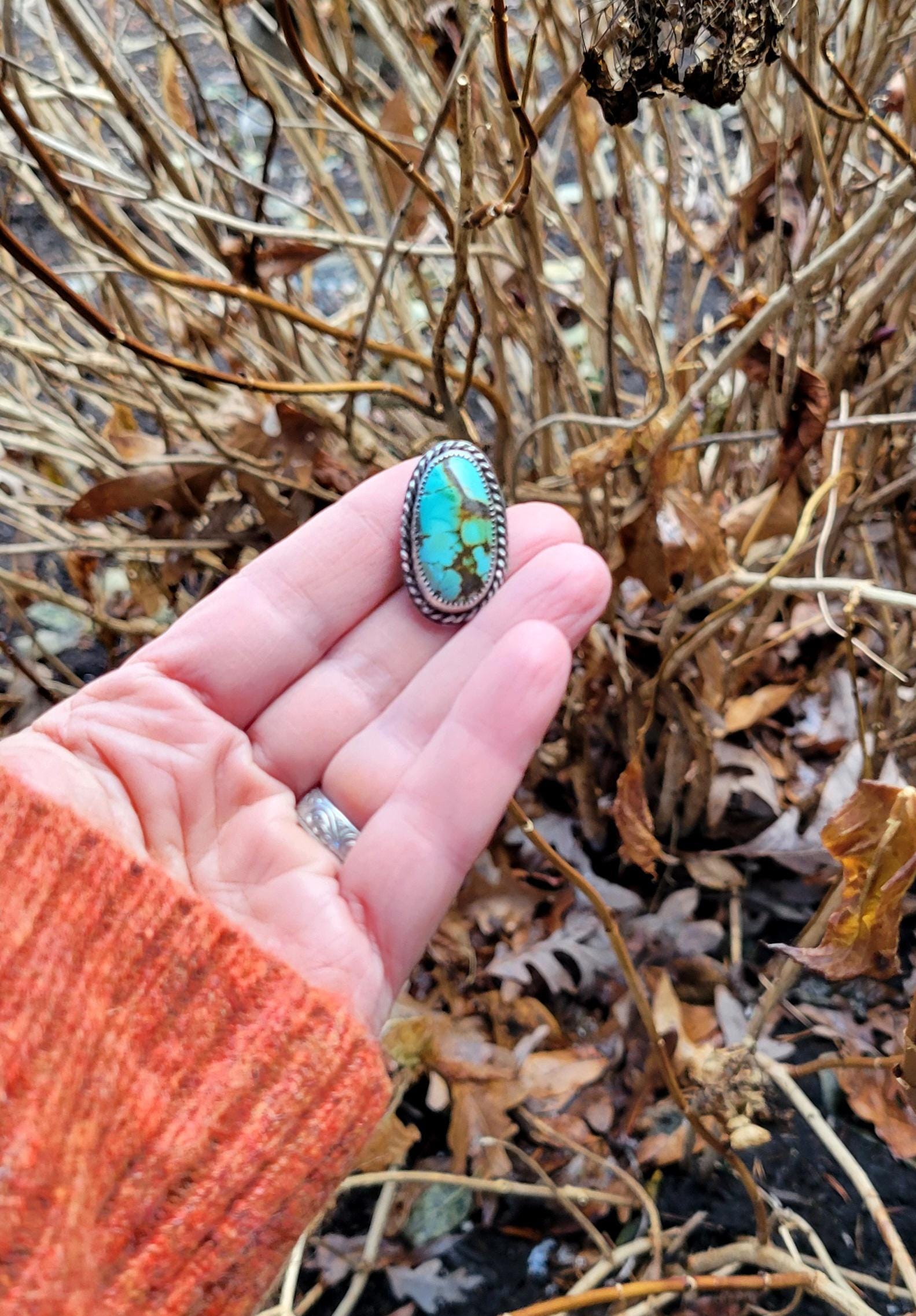 Turquoise Pony Tail Holder - handmade, hair accessory, sterling silver, natural bamboo hubei turquoise, blue, green, oval, unique gift