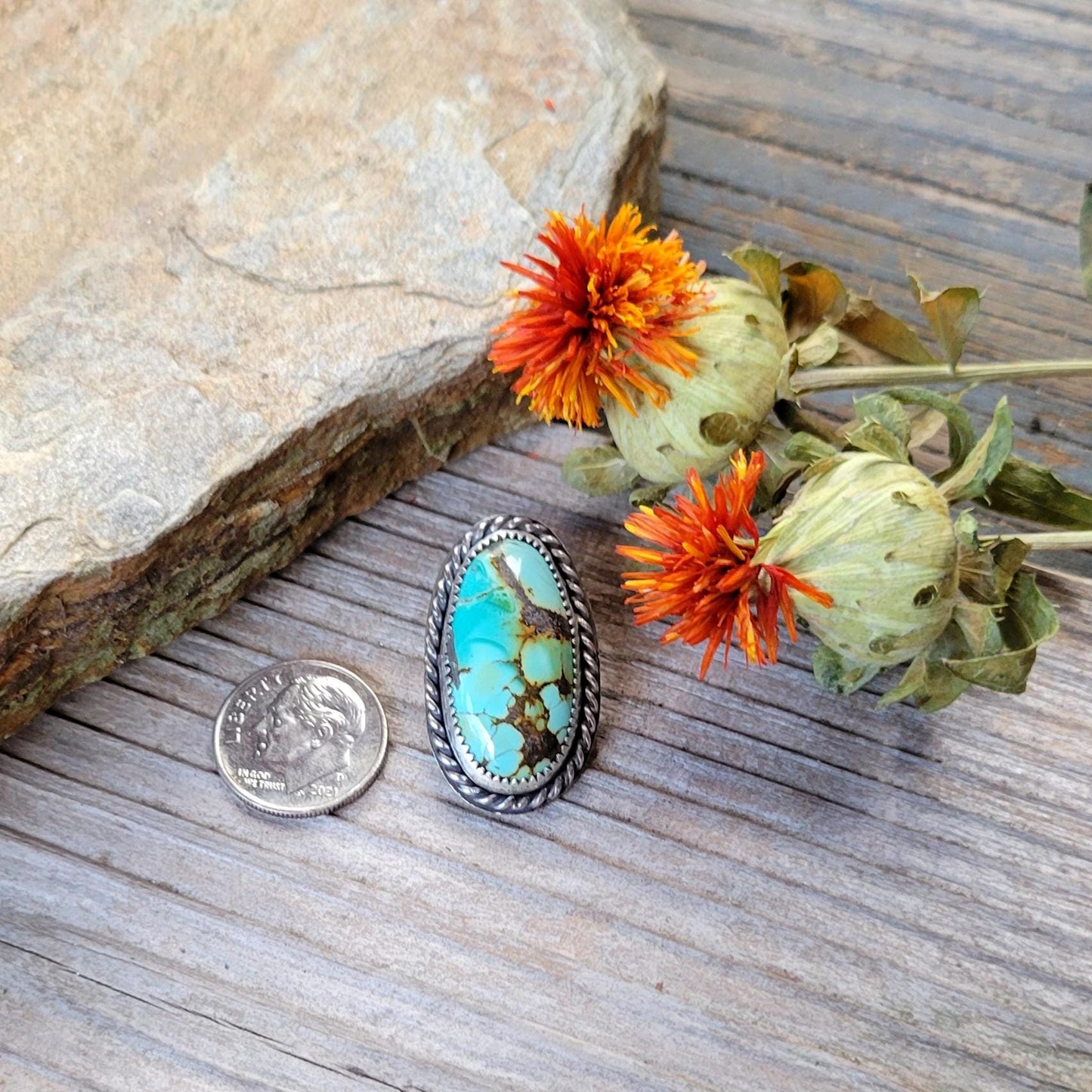 Turquoise Pony Tail Holder - handmade, hair accessory, sterling silver, natural bamboo hubei turquoise, blue, green, oval, unique gift