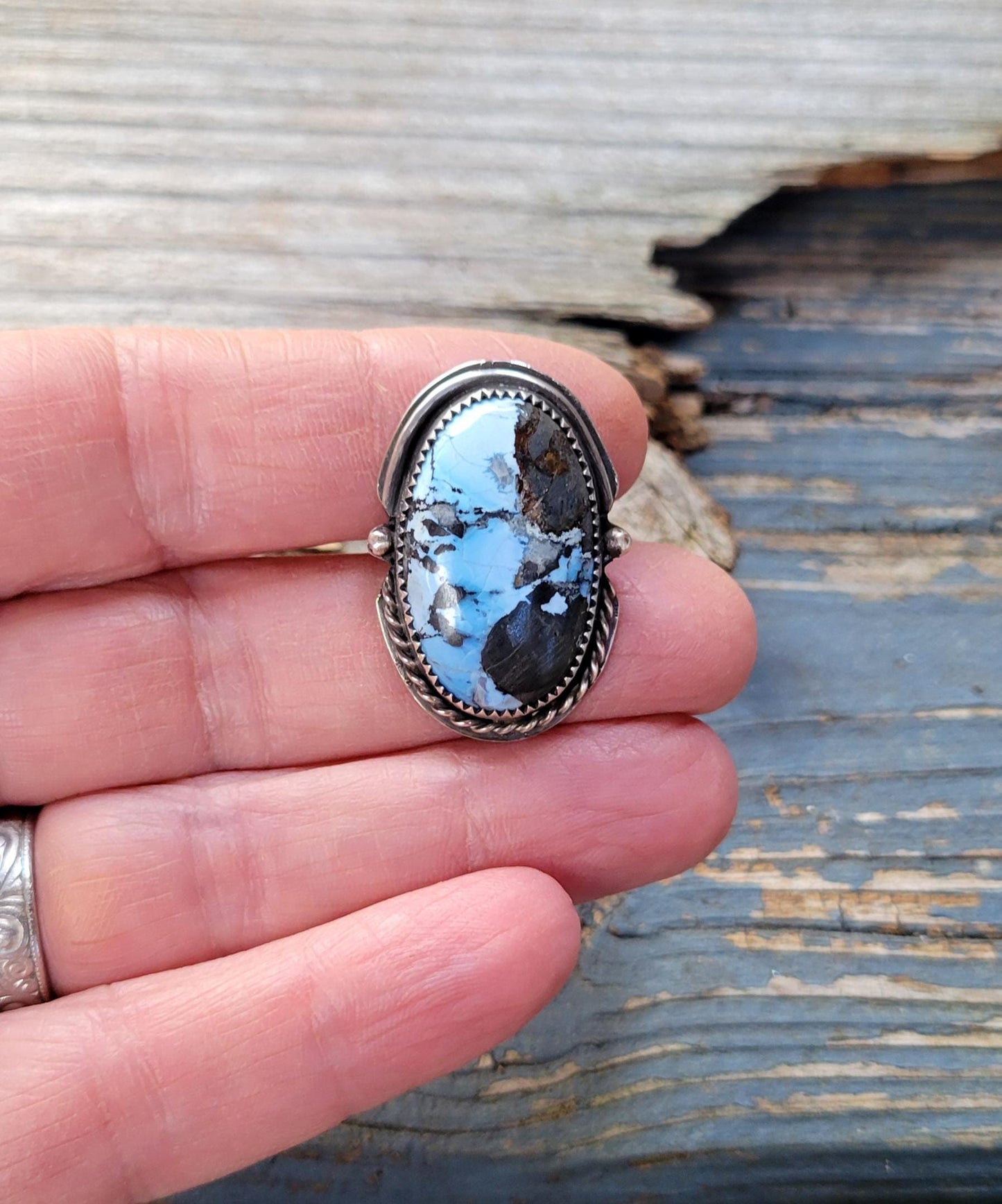 Turquoise Pony Tail Holder - handmade, hair accessory, sterling silver, blue stone, black matrix, natural lavender turquoise, unique gift