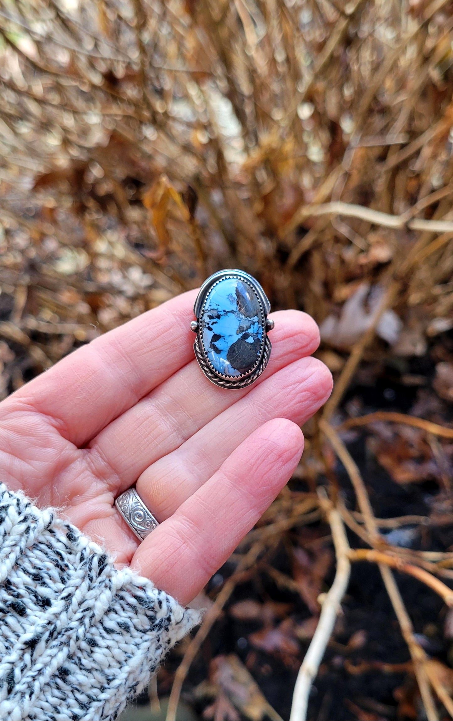 Turquoise Pony Tail Holder - handmade, hair accessory, sterling silver, blue stone, black matrix, natural lavender turquoise, unique gift