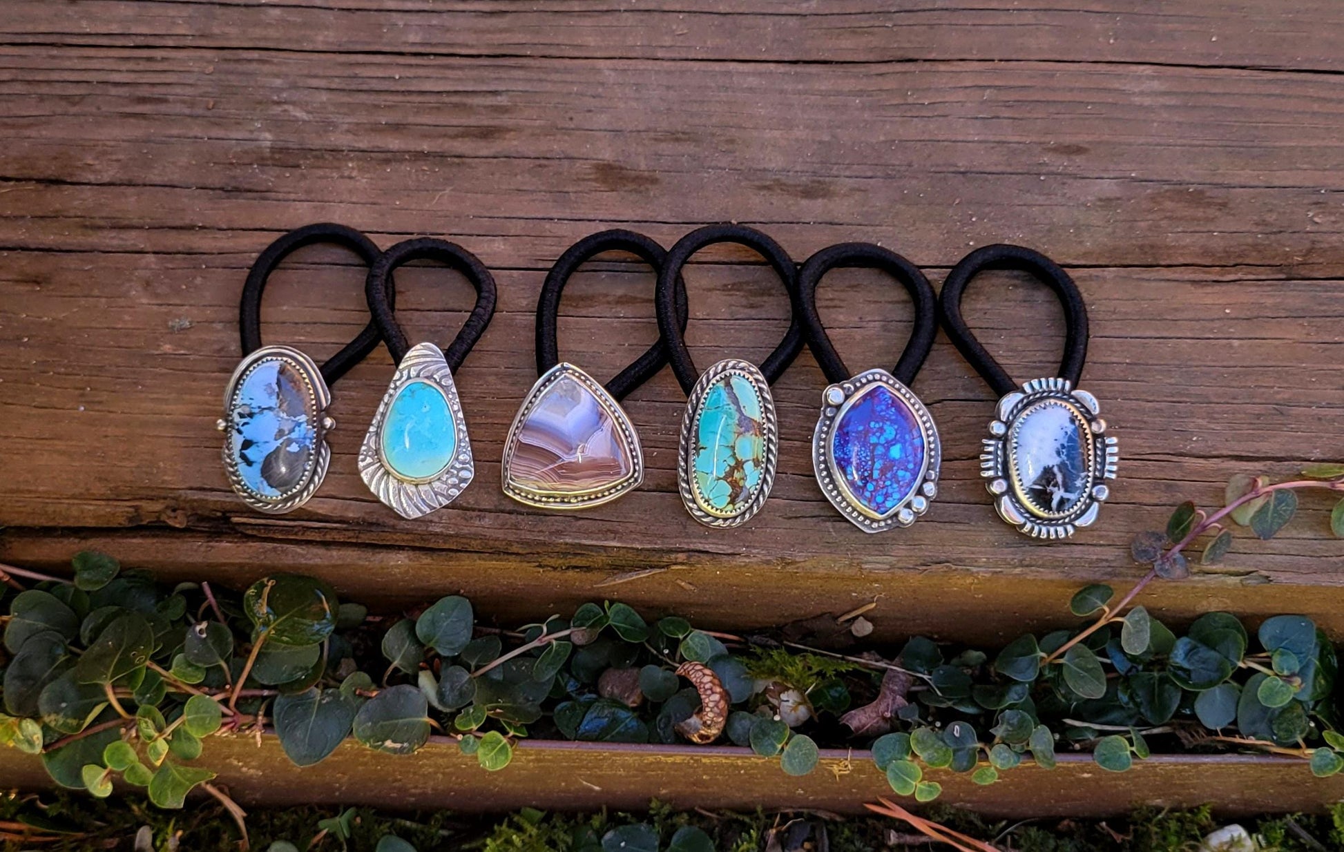 Turquoise Pony Tail Holder - handmade, hair accessory, sterling silver, blue stone, black matrix, natural lavender turquoise, unique gift