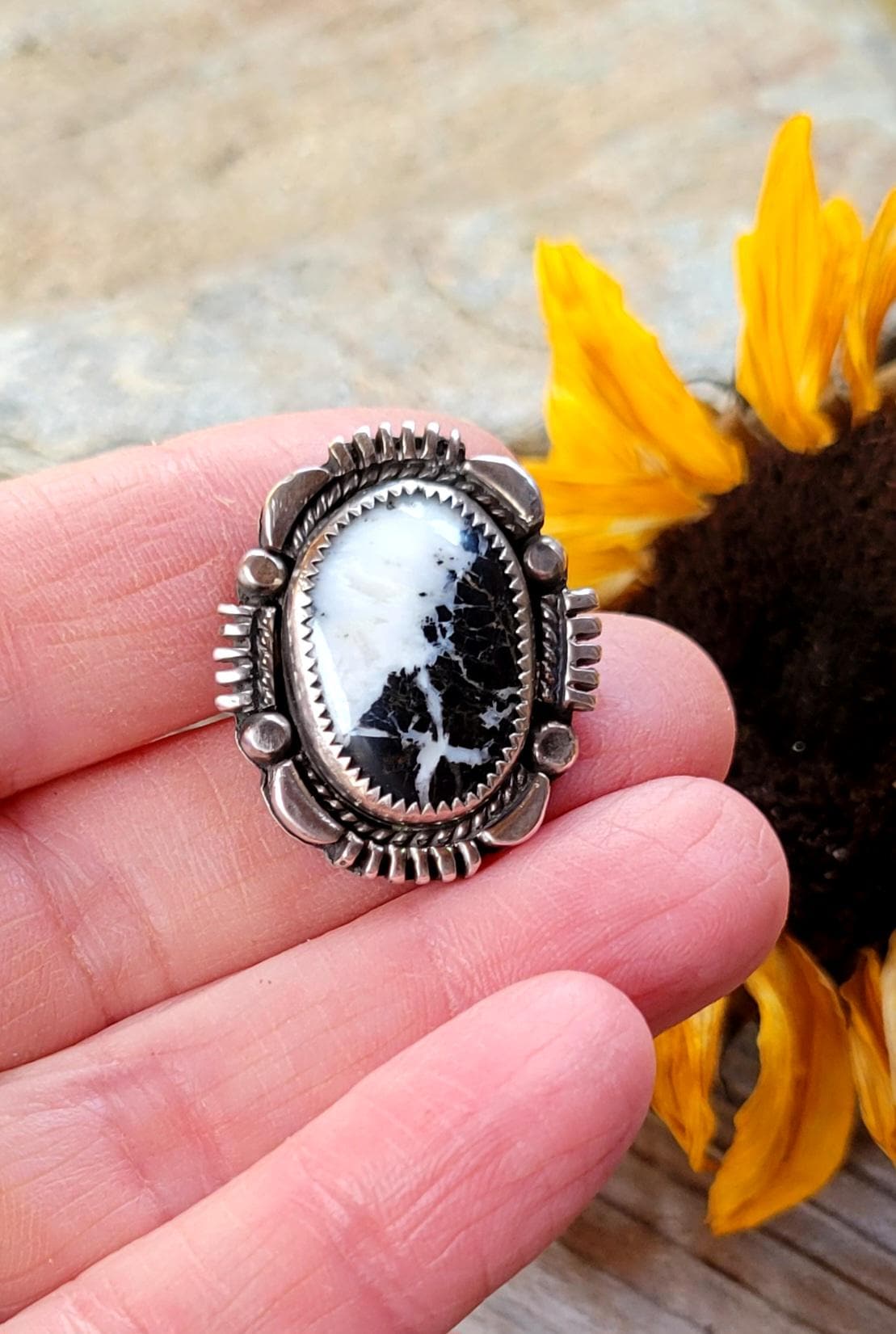 White Buffalo Pony Tail Holder - handmade, hair accessory, sterling silver, natural stone, black, native american inspired, USA, unique gift