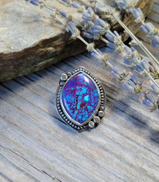 Mohave Turquoise Pony Tail Holder - handmade, hair accessory, sterling silver, purple, blue, Kingman mine, USA, marquise cut, unique gift