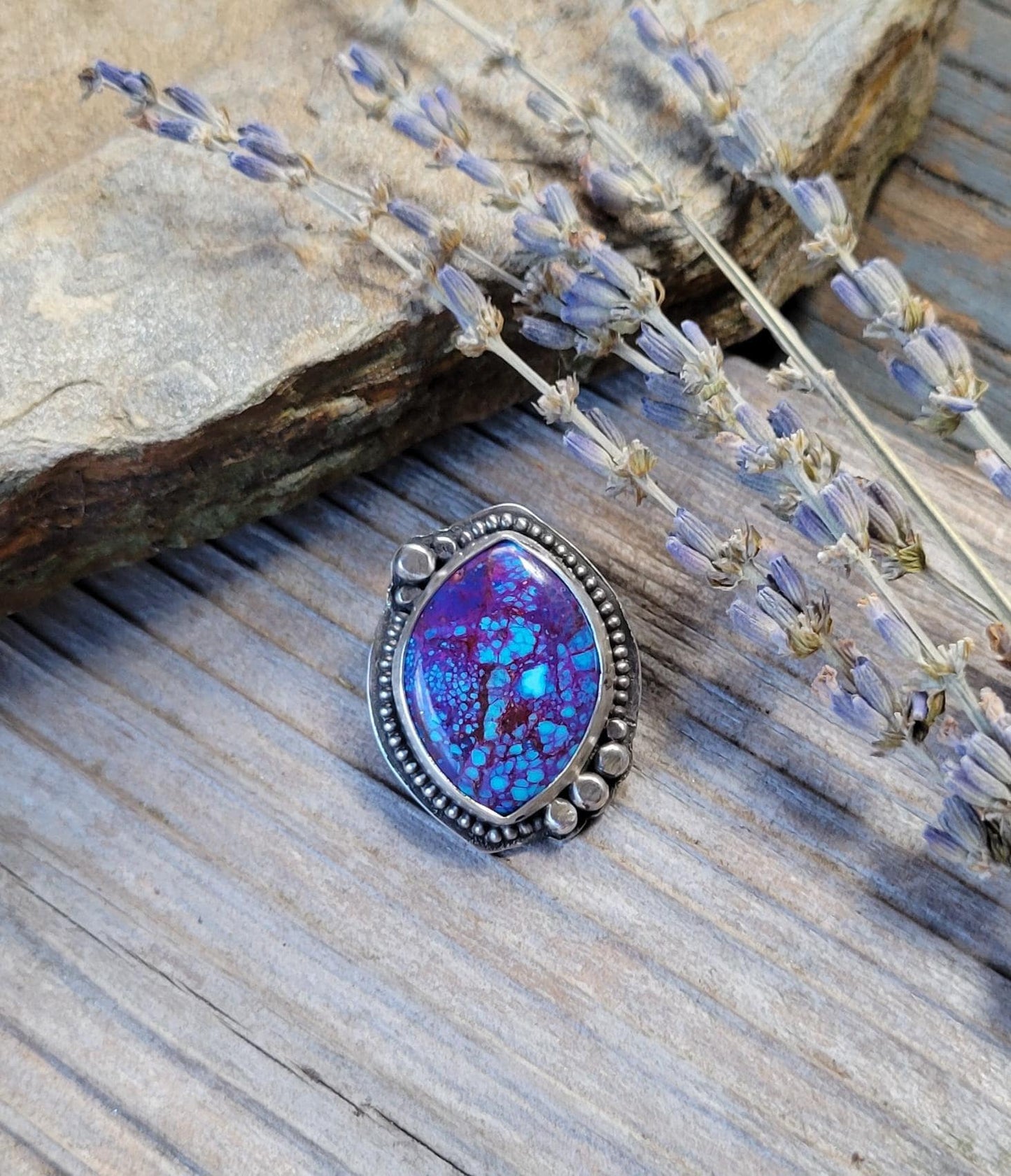 Mohave Turquoise Pony Tail Holder - handmade, hair accessory, sterling silver, purple, blue, Kingman mine, USA, marquise cut, unique gift