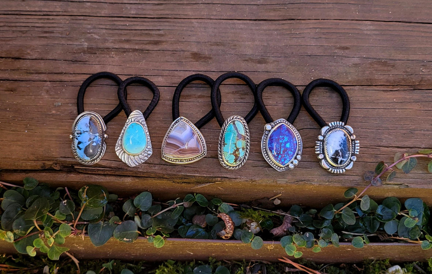 Mohave Turquoise Pony Tail Holder - handmade, hair accessory, sterling silver, purple, blue, Kingman mine, USA, marquise cut, unique gift