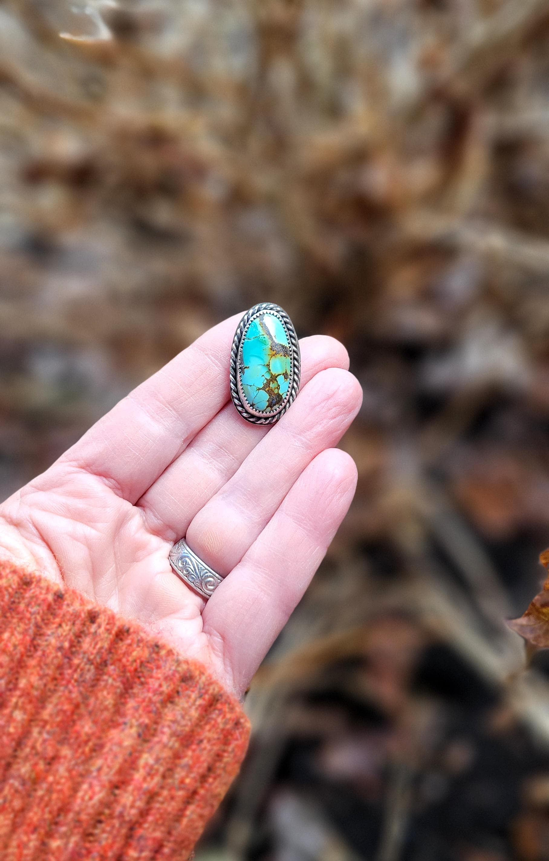 Turquoise Pony Tail Holder - handmade, hair accessory, sterling silver, natural bamboo hubei turquoise, blue, green, oval, unique gift