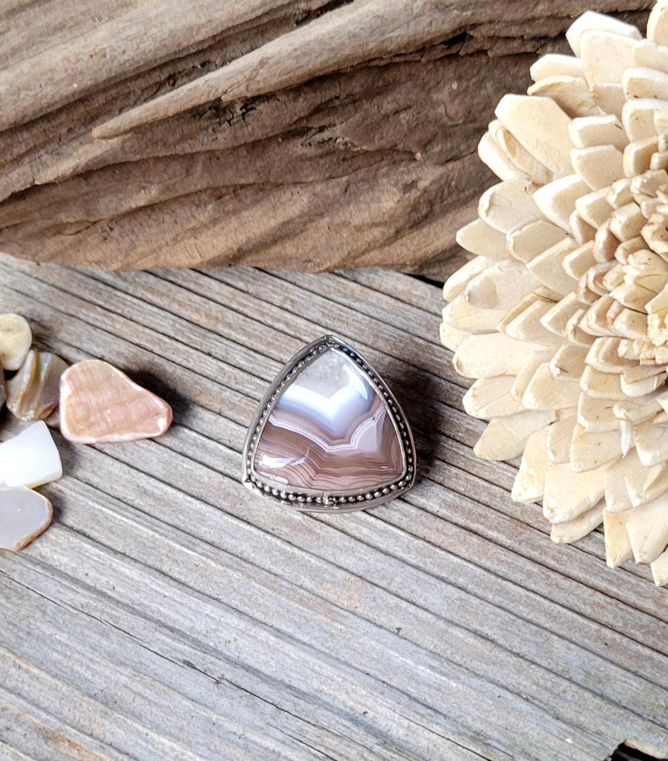 Lugana Lace Ripple Wave Pony Tail Holder - handmade, hair accessory, sterling silver, cream, white, beige, natural agate stone, unique gift