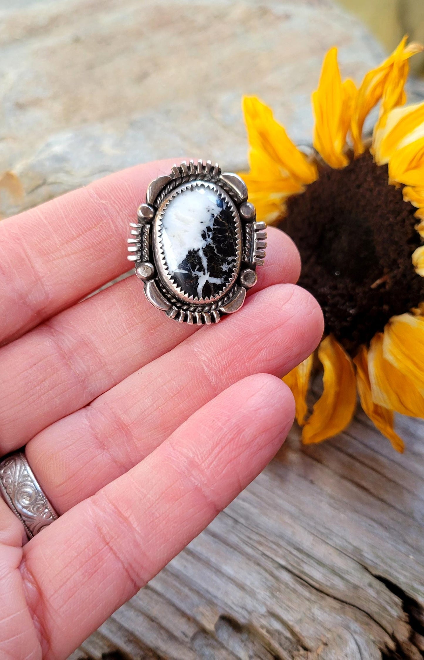 White Buffalo Pony Tail Holder - handmade, hair accessory, sterling silver, natural stone, black, native american inspired, USA, unique gift