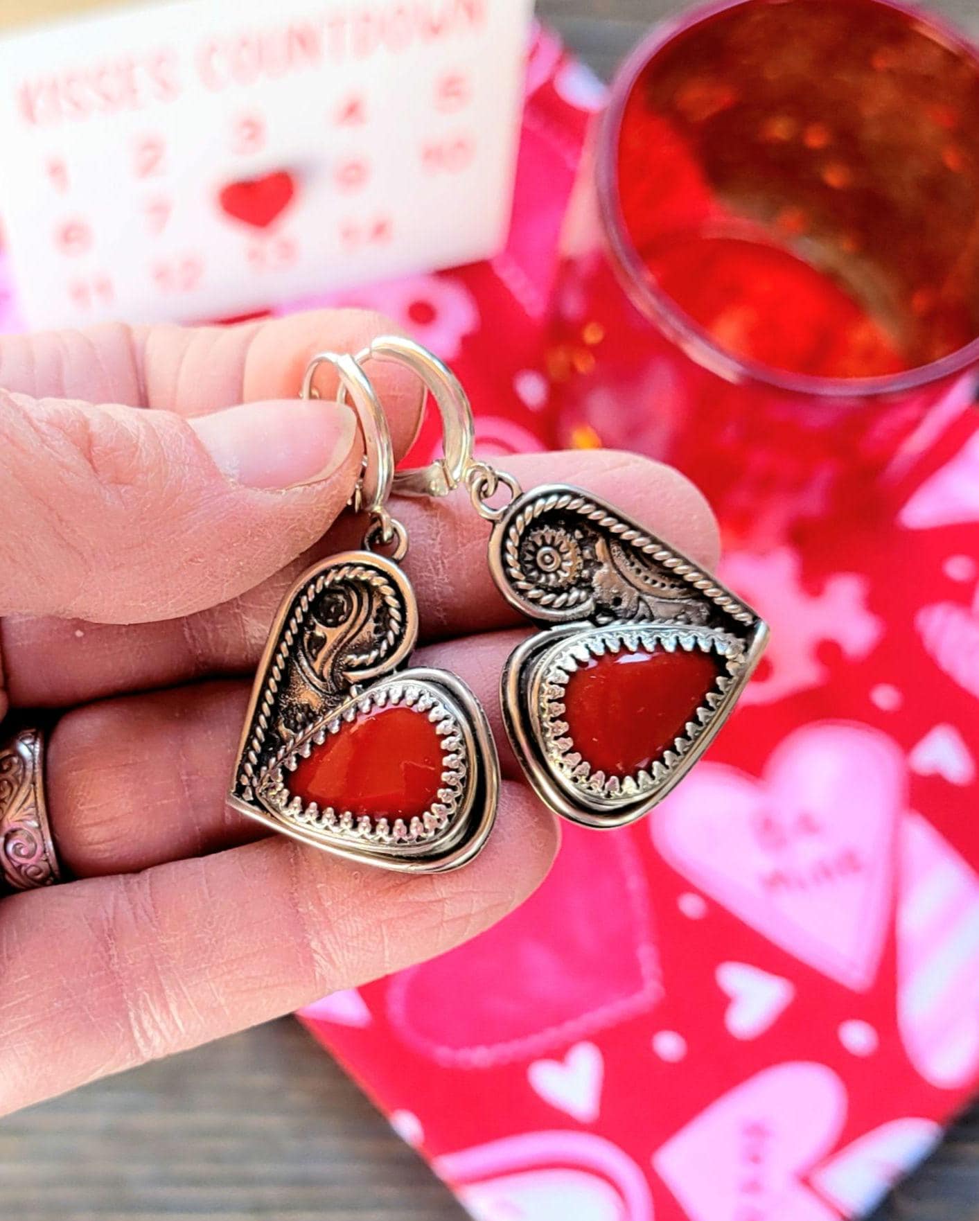 Red Heart Earrings - handcrafted handmade sterling silver, rosarita, heart back design, sterling silver lever backs, dangles, beautiful gift