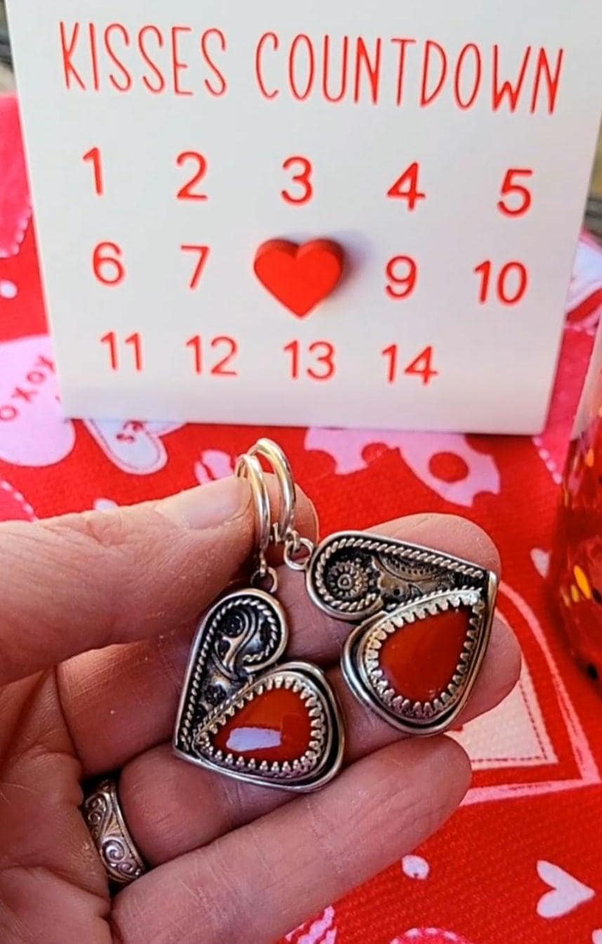 Red Heart Earrings - handcrafted handmade sterling silver, rosarita, heart back design, sterling silver lever backs, dangles, beautiful gift