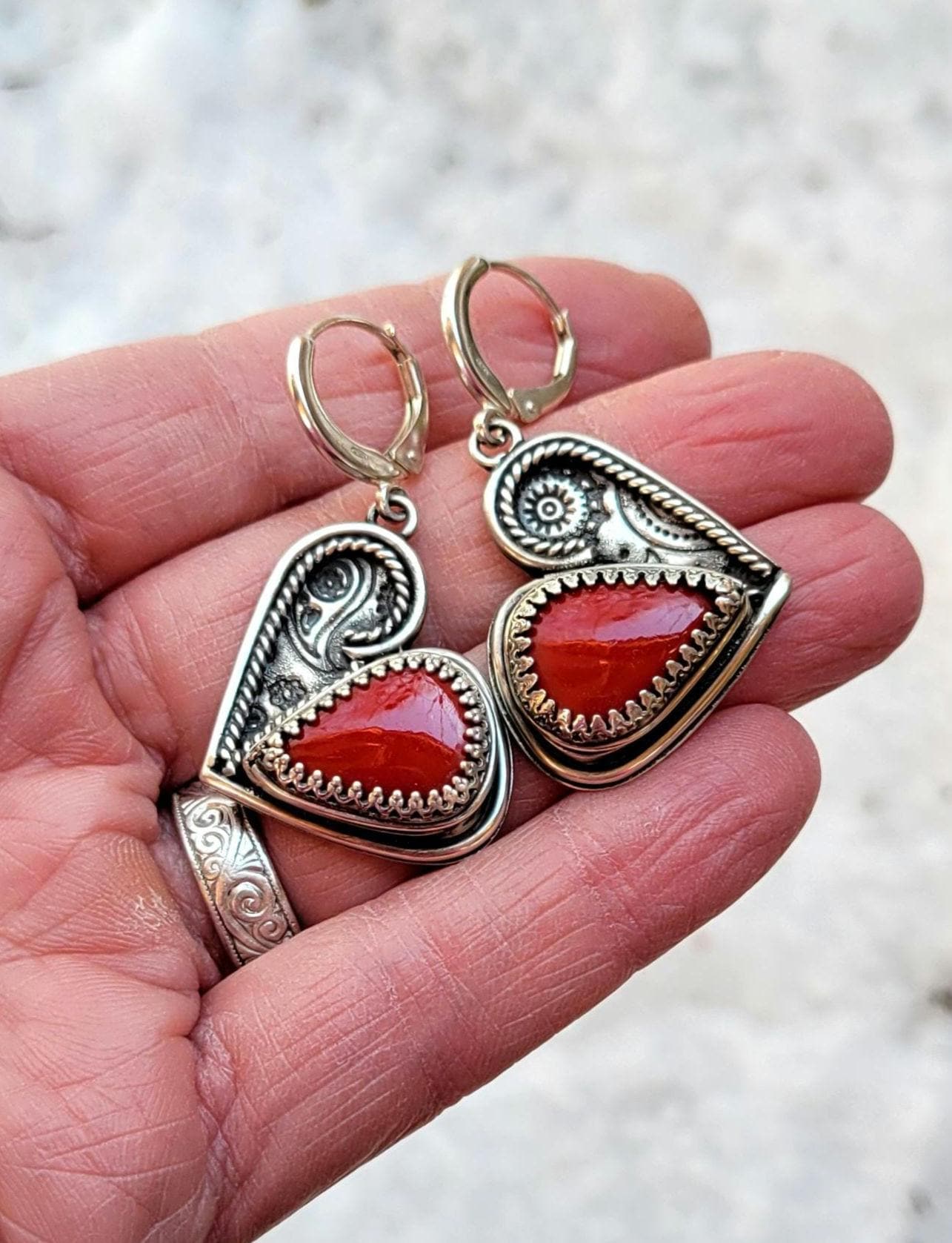 Red Heart Earrings - handcrafted handmade sterling silver, rosarita, heart back design, sterling silver lever backs, dangles, beautiful gift