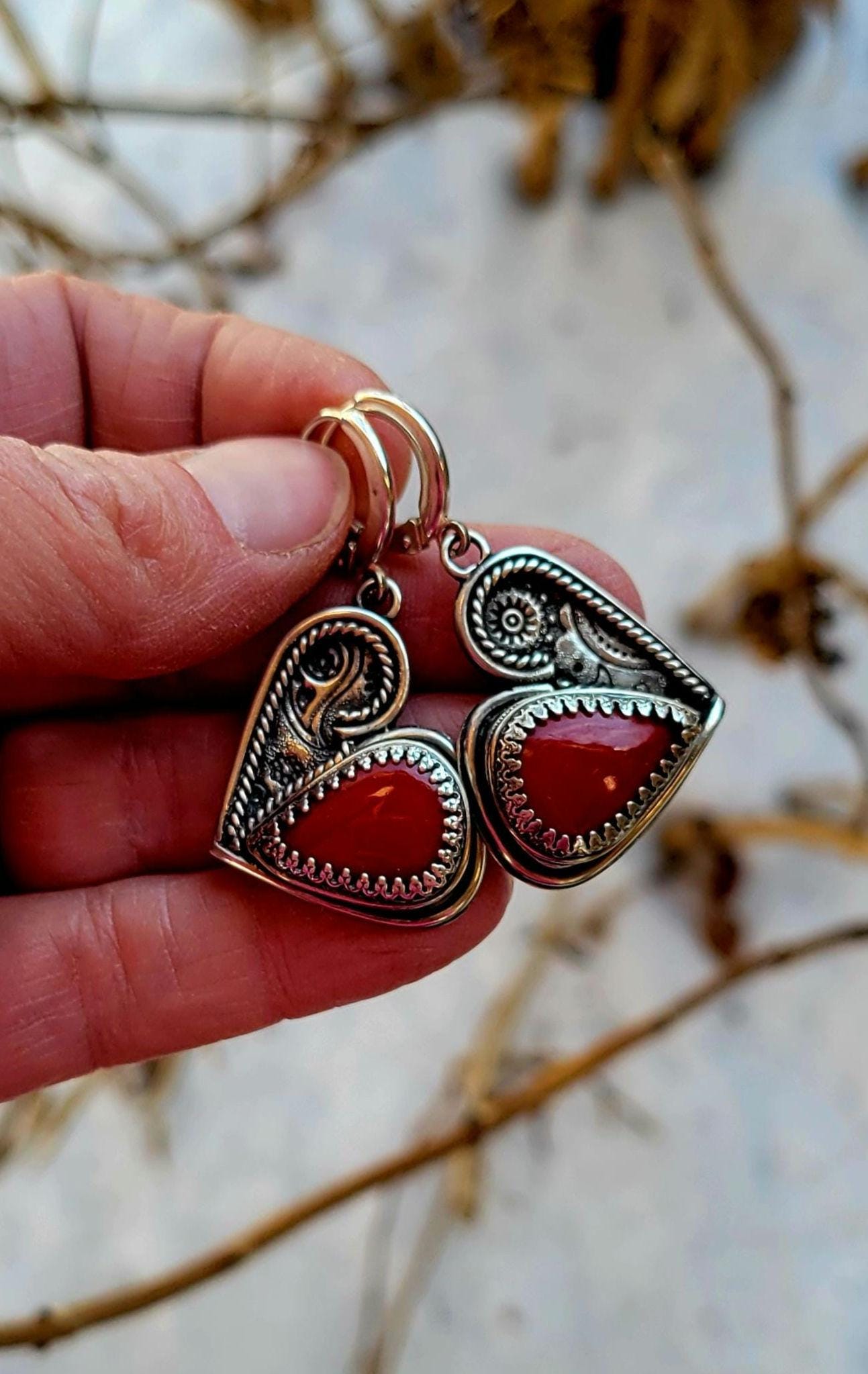 Red Heart Earrings - handcrafted handmade sterling silver, rosarita, heart back design, sterling silver lever backs, dangles, beautiful gift