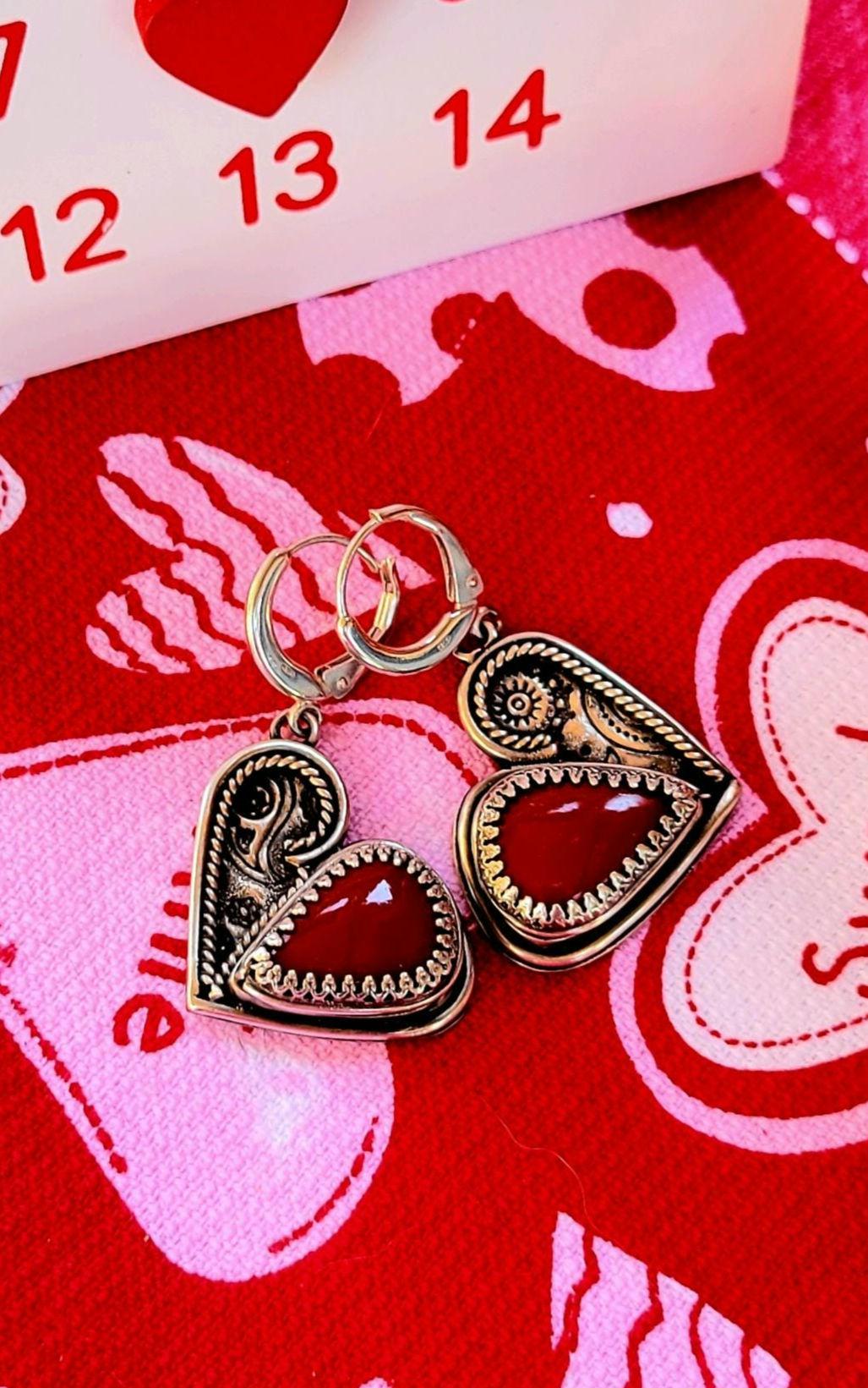 Red Heart Earrings - handcrafted handmade sterling silver, rosarita, heart back design, sterling silver lever backs, dangles, beautiful gift