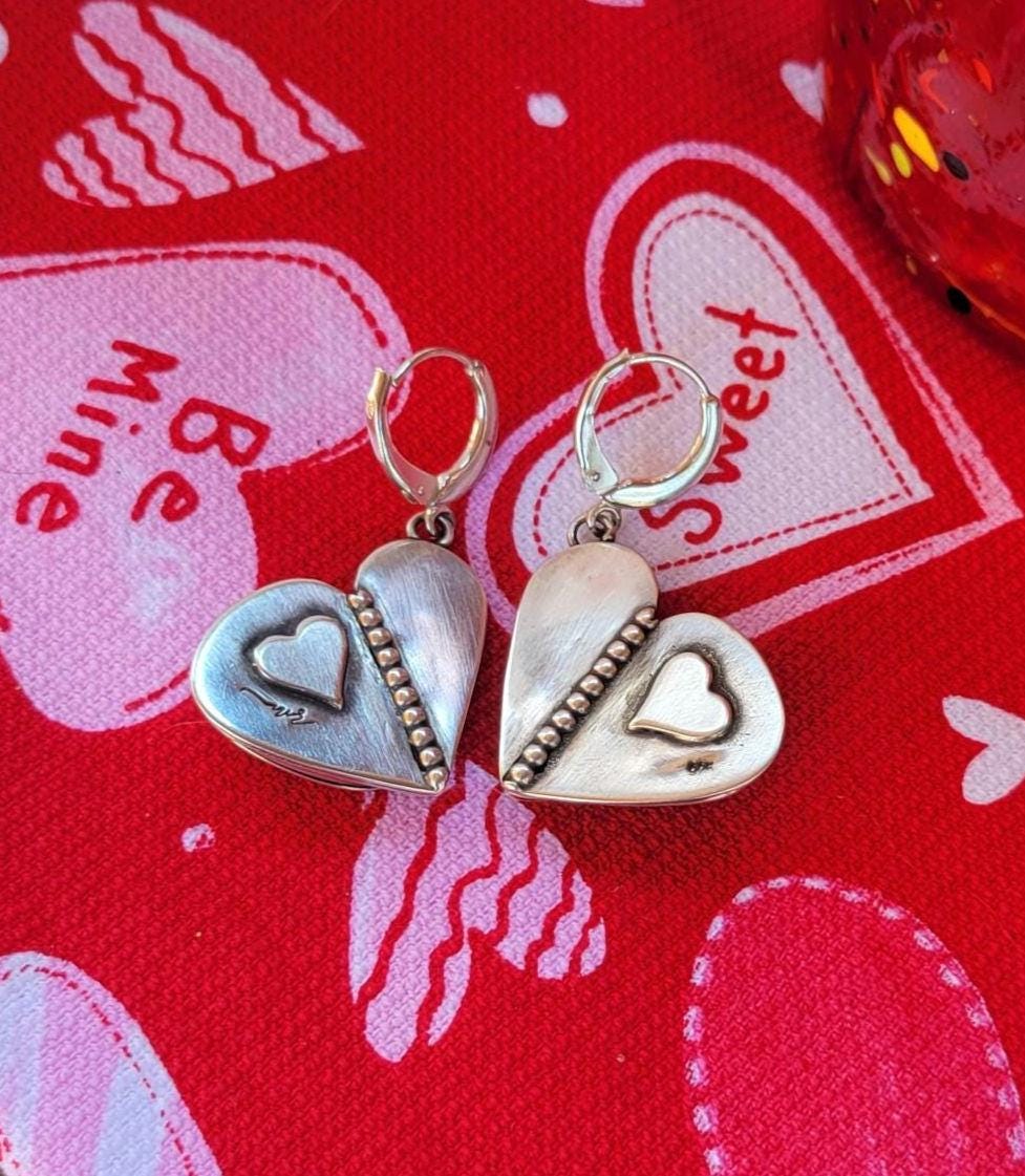 Red Heart Earrings - handcrafted handmade sterling silver, rosarita, heart back design, sterling silver lever backs, dangles, beautiful gift