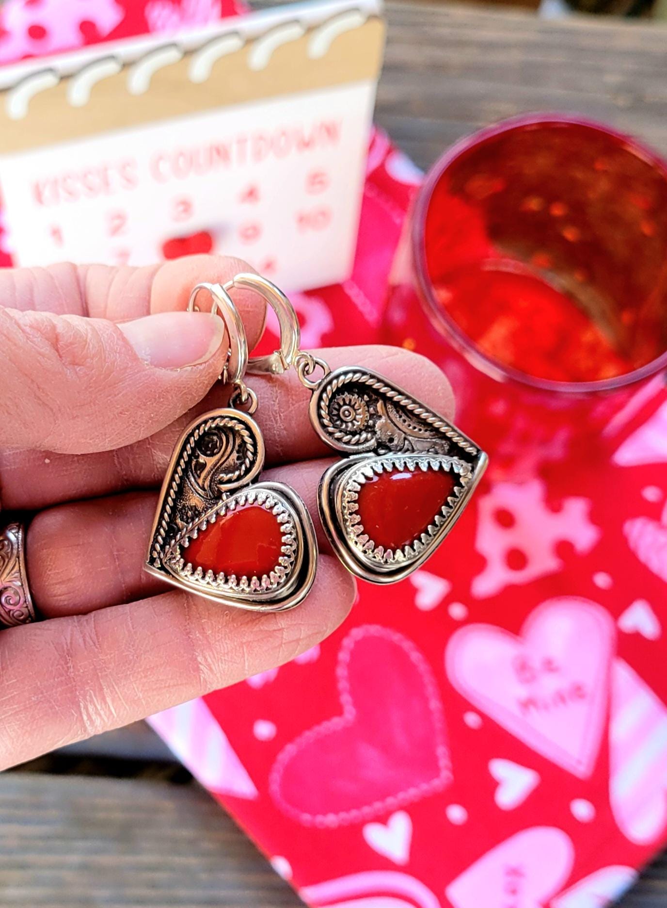 Red Heart Earrings - handcrafted handmade sterling silver, rosarita, heart back design, sterling silver lever backs, dangles, beautiful gift