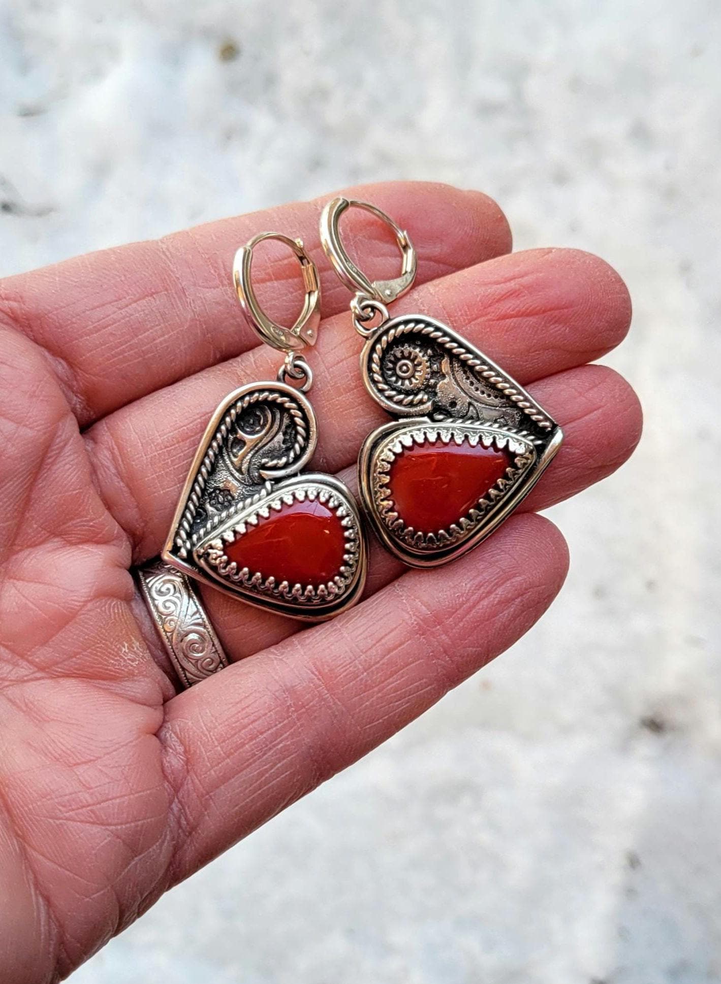 Red Heart Earrings - handcrafted handmade sterling silver, rosarita, heart back design, sterling silver lever backs, dangles, beautiful gift