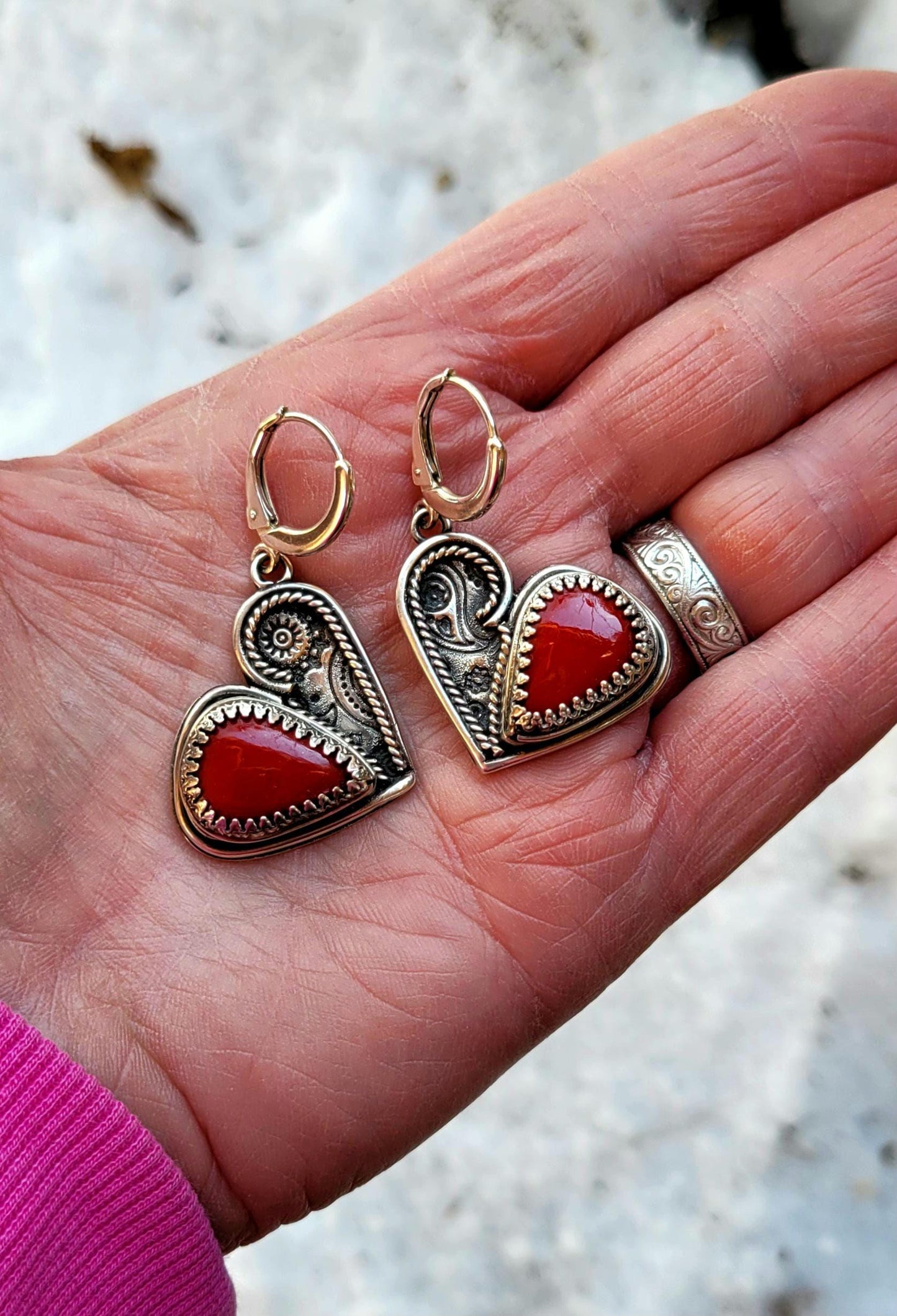 Red Heart Earrings - handcrafted handmade sterling silver, rosarita, heart back design, sterling silver lever backs, dangles, beautiful gift