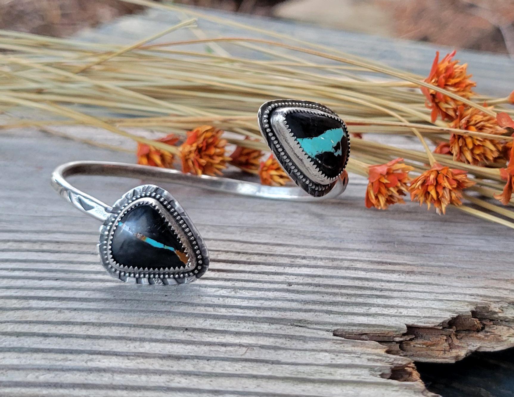 Natural Black Jack Turquoise Open Silver Cuff - handmade, bracelet, sterling, southwestern, blue, black,orange, ribbon, beautiful gift
