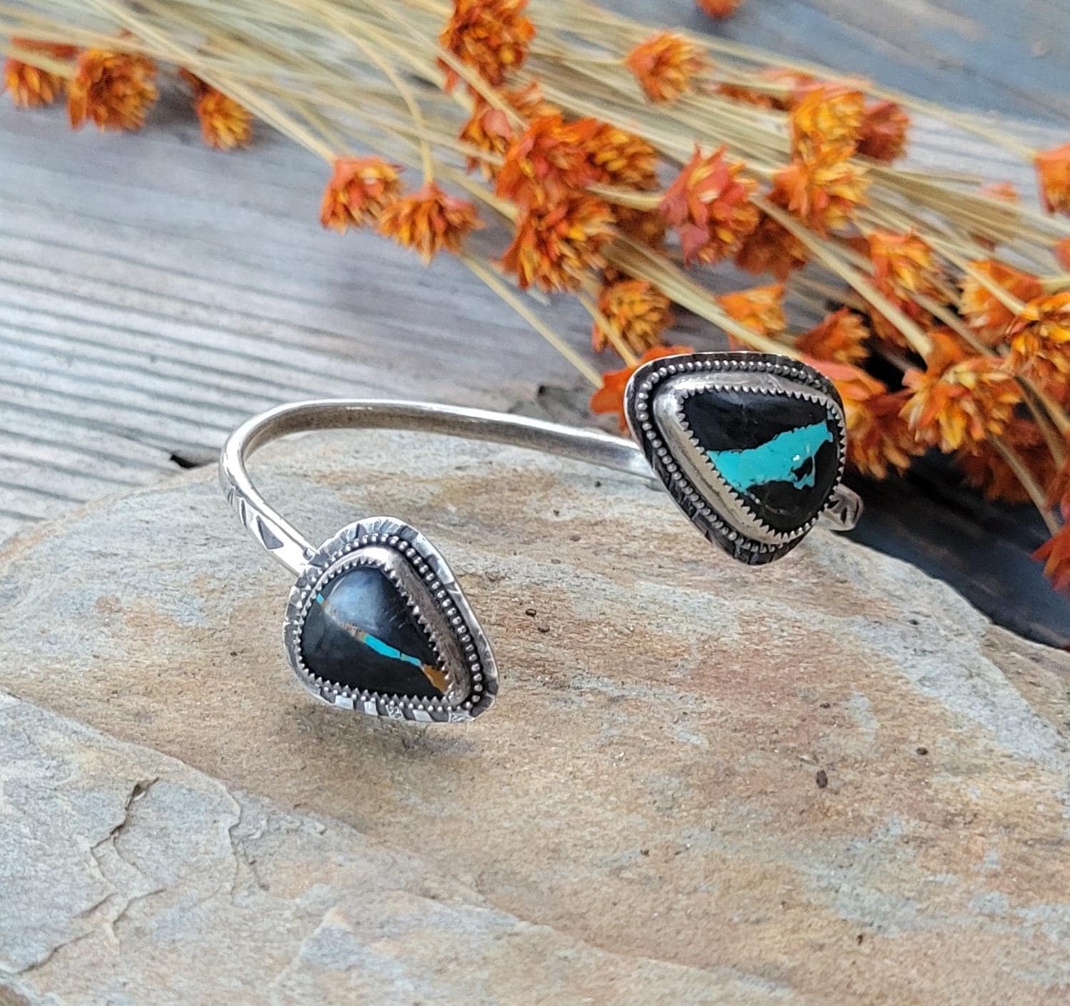 Natural Black Jack Turquoise Open Silver Cuff - handmade, bracelet, sterling, southwestern, blue, black,orange, ribbon, beautiful gift