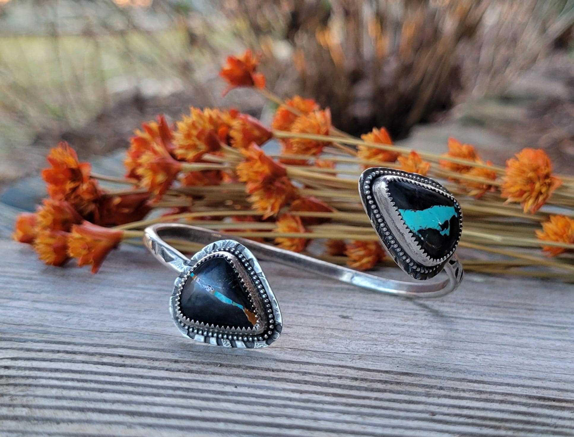 Natural Black Jack Turquoise Open Silver Cuff - handmade, bracelet, sterling, southwestern, blue, black,orange, ribbon, beautiful gift