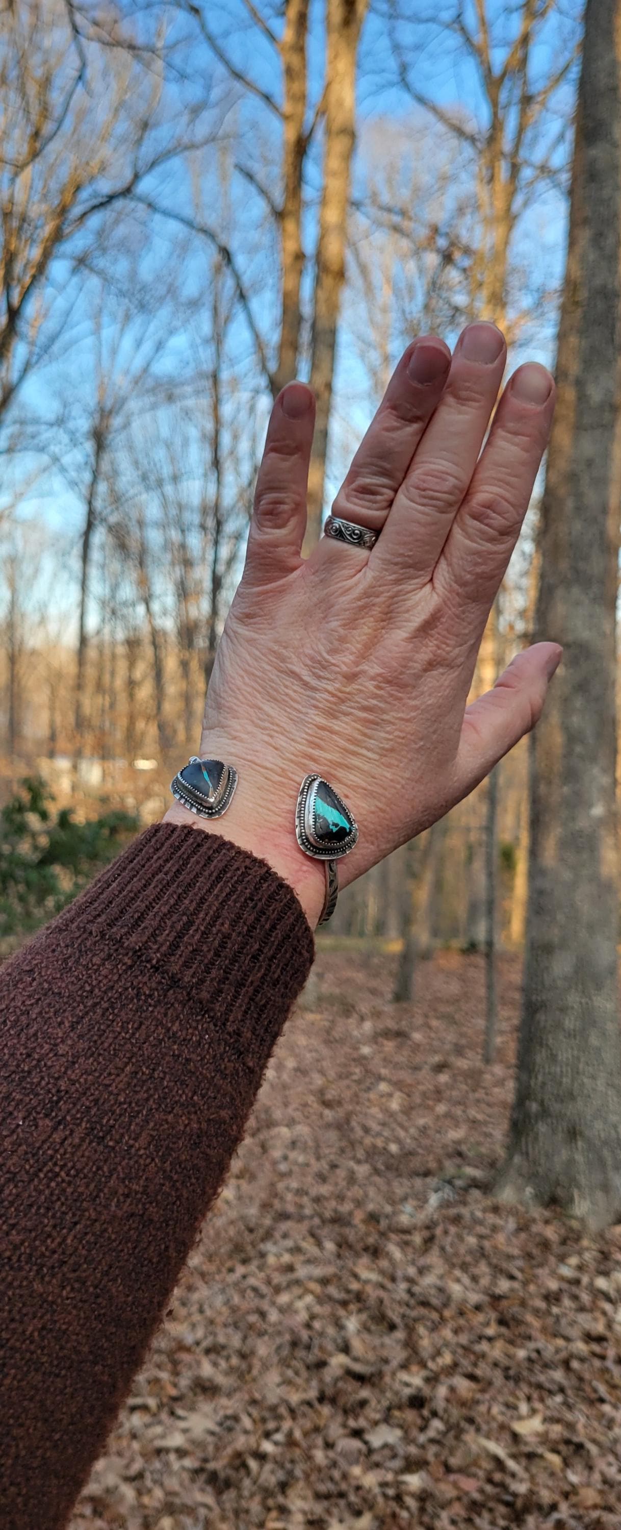 Natural Black Jack Turquoise Open Silver Cuff - handmade, bracelet, sterling, southwestern, blue, black,orange, ribbon, beautiful gift