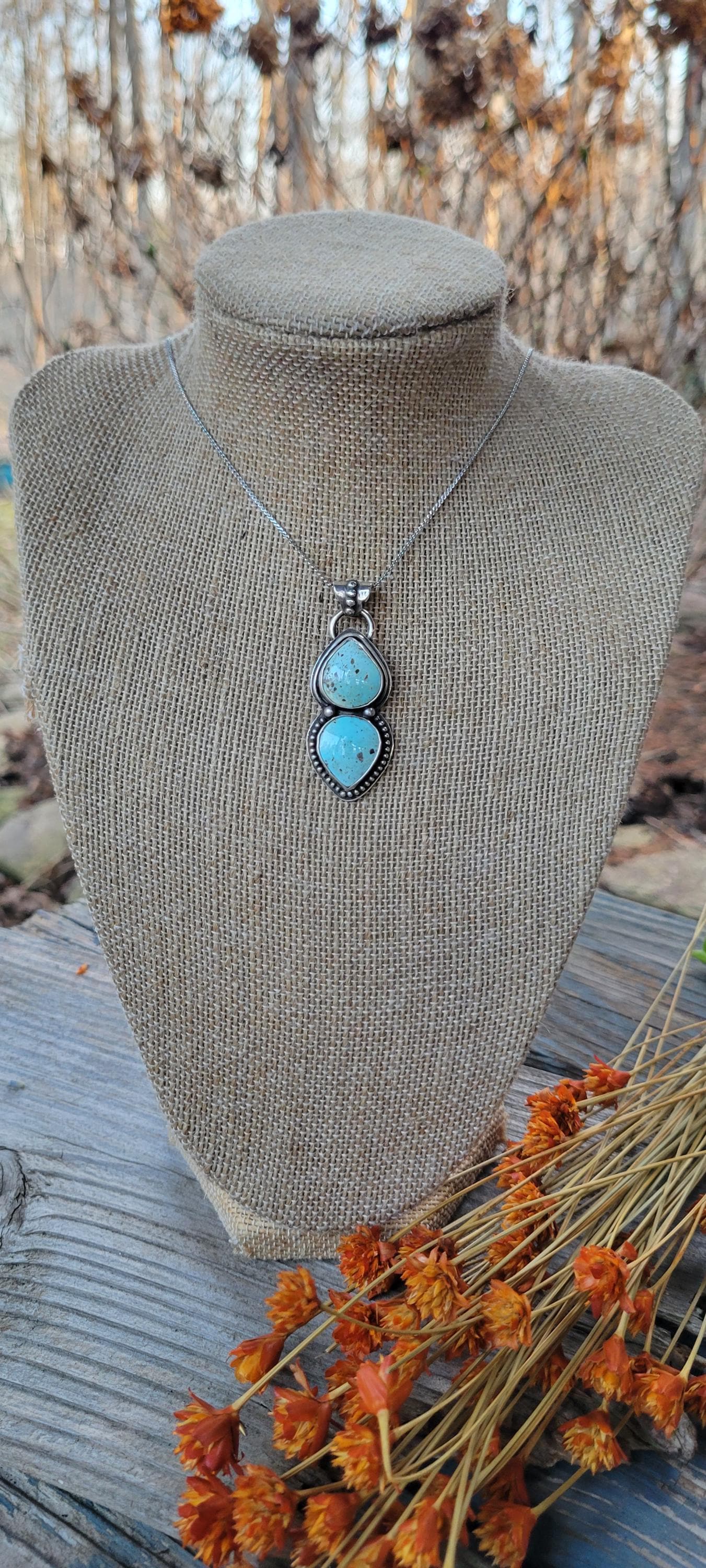 Natural Turquoise Silver Necklace - natural light blue lone mountain turquoise double stone set in sterling silver, handmade, beautiful gift