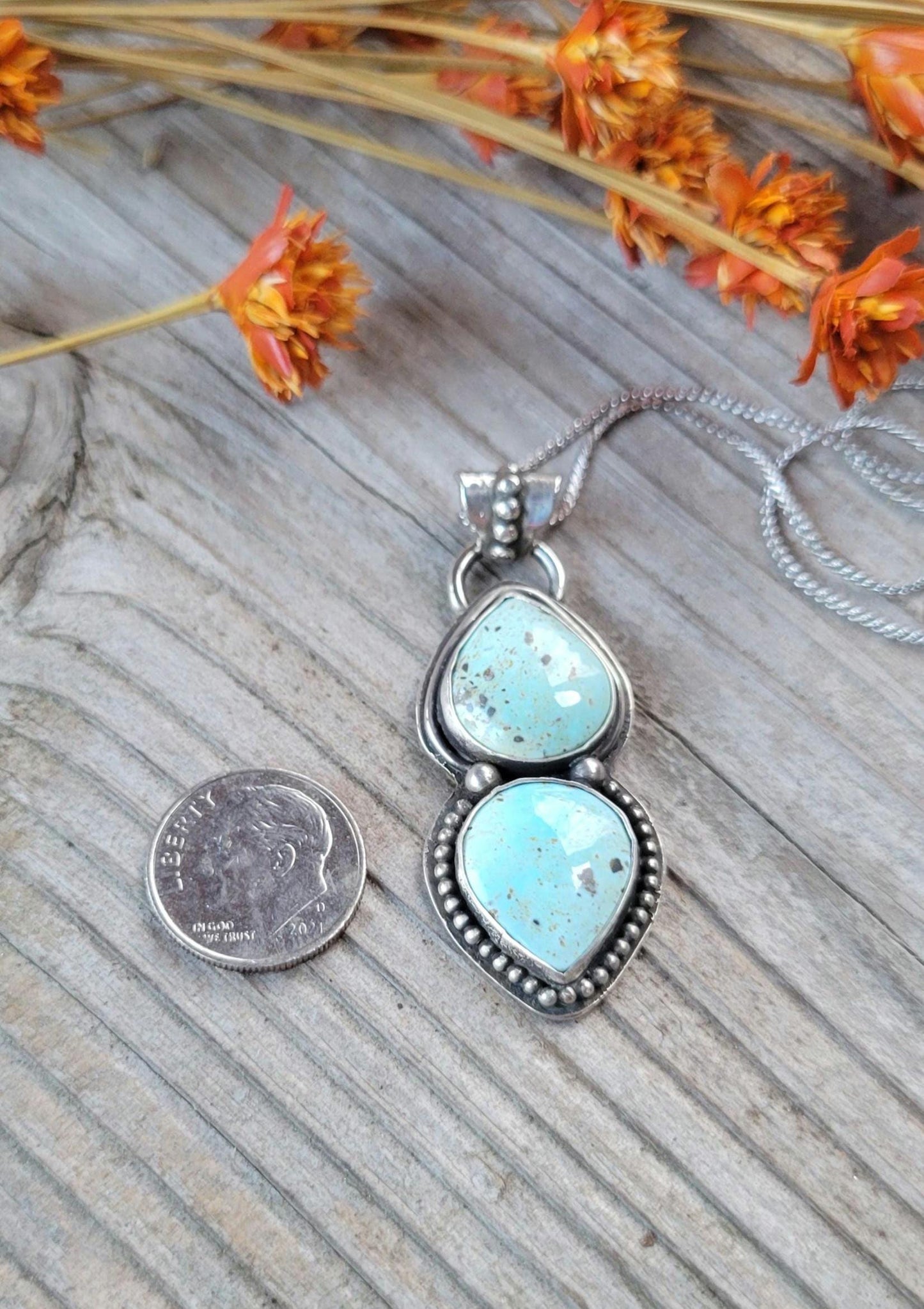 Natural Turquoise Silver Necklace - natural light blue lone mountain turquoise double stone set in sterling silver, handmade, beautiful gift