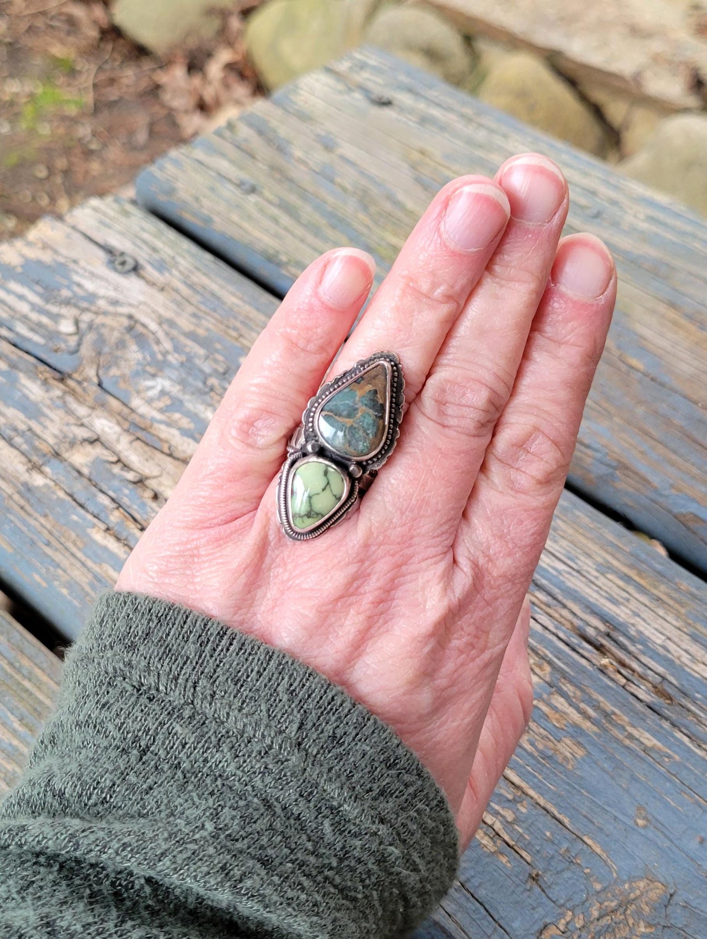 Double Stone Turquoise Ring - slate blue, green, natural stones, sterling silver, pattern shank & back, handmade, southwestern, Size 6.5 USA